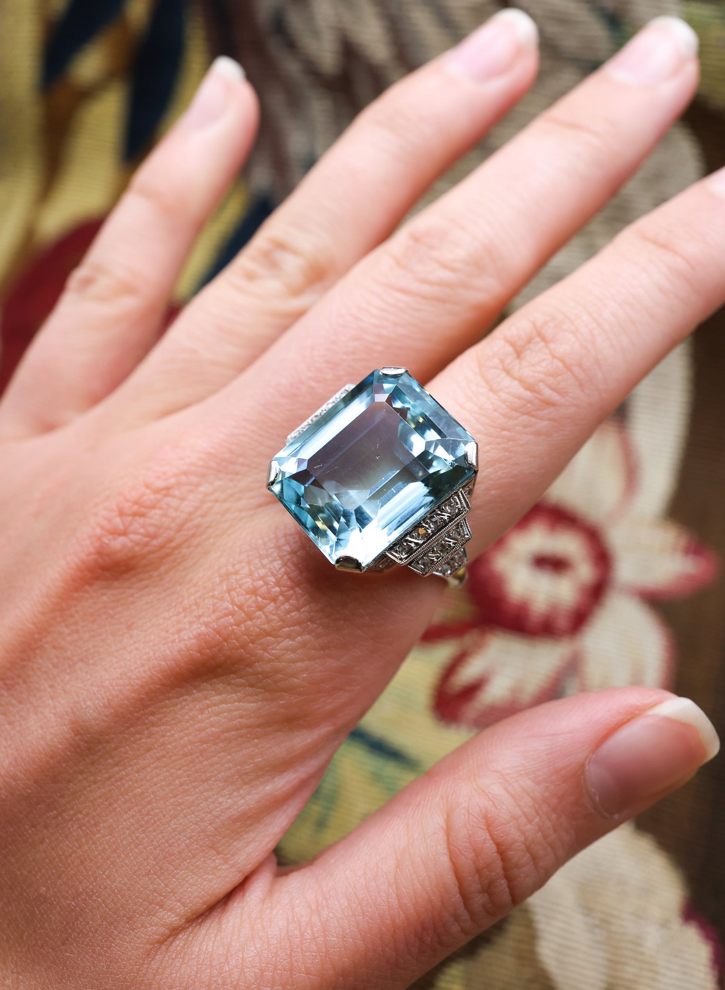 A very fine Platinum (tested 950), Aquamarine & Diamond Cocktail Ring. Circa 1935 - Robin Haydock Antiques