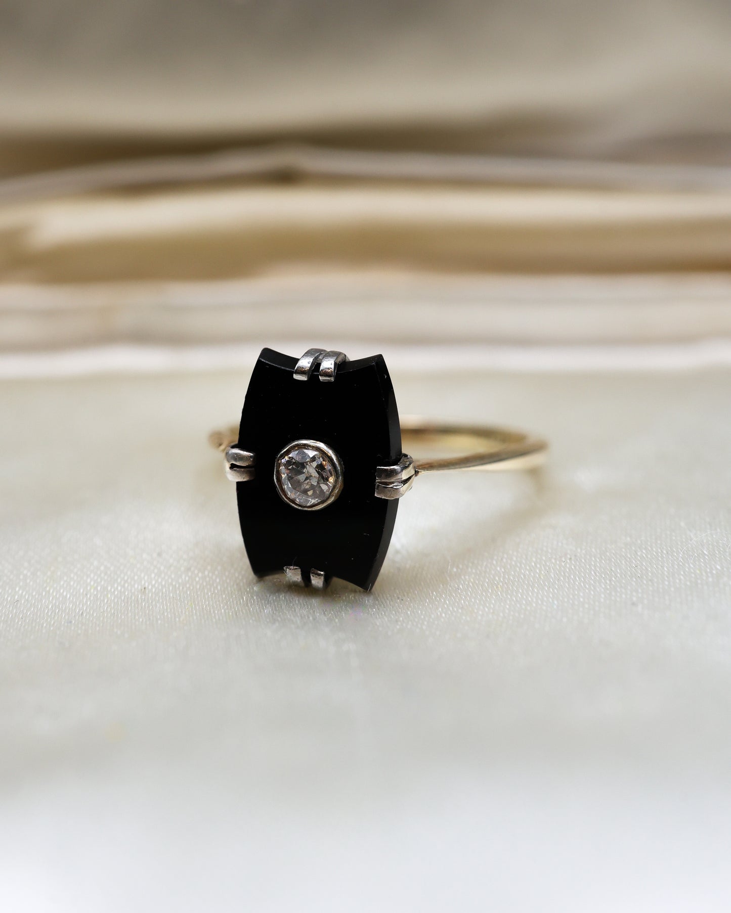 A fine Art Deco 18ct Yellow Gold (tested), Black Onyx & Diamond Plaque Ring. Circa 1925 - Robin Haydock Antiques