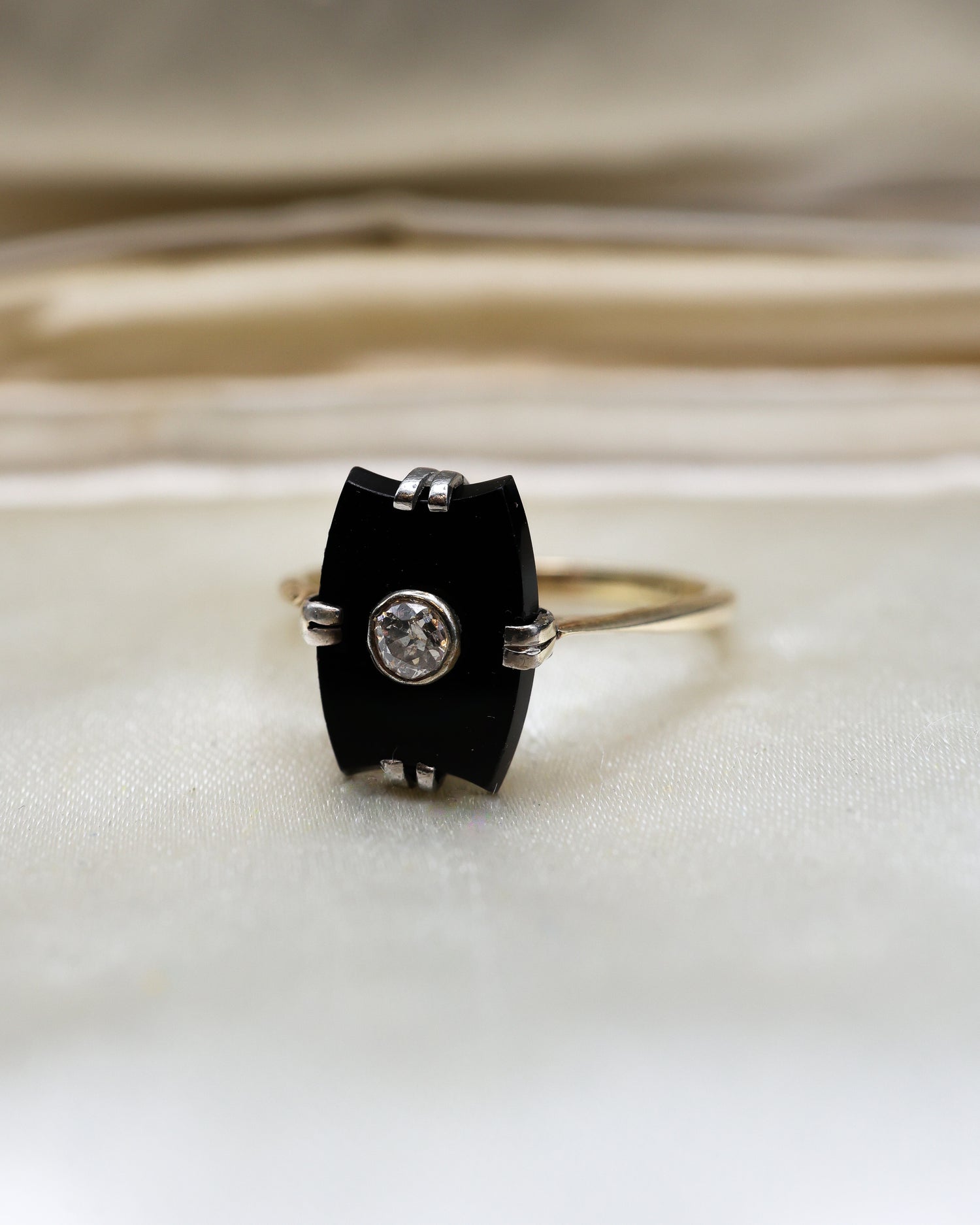 A fine Art Deco 18ct Yellow Gold (tested), Black Onyx & Diamond Plaque Ring. Circa 1925 - Robin Haydock Antiques