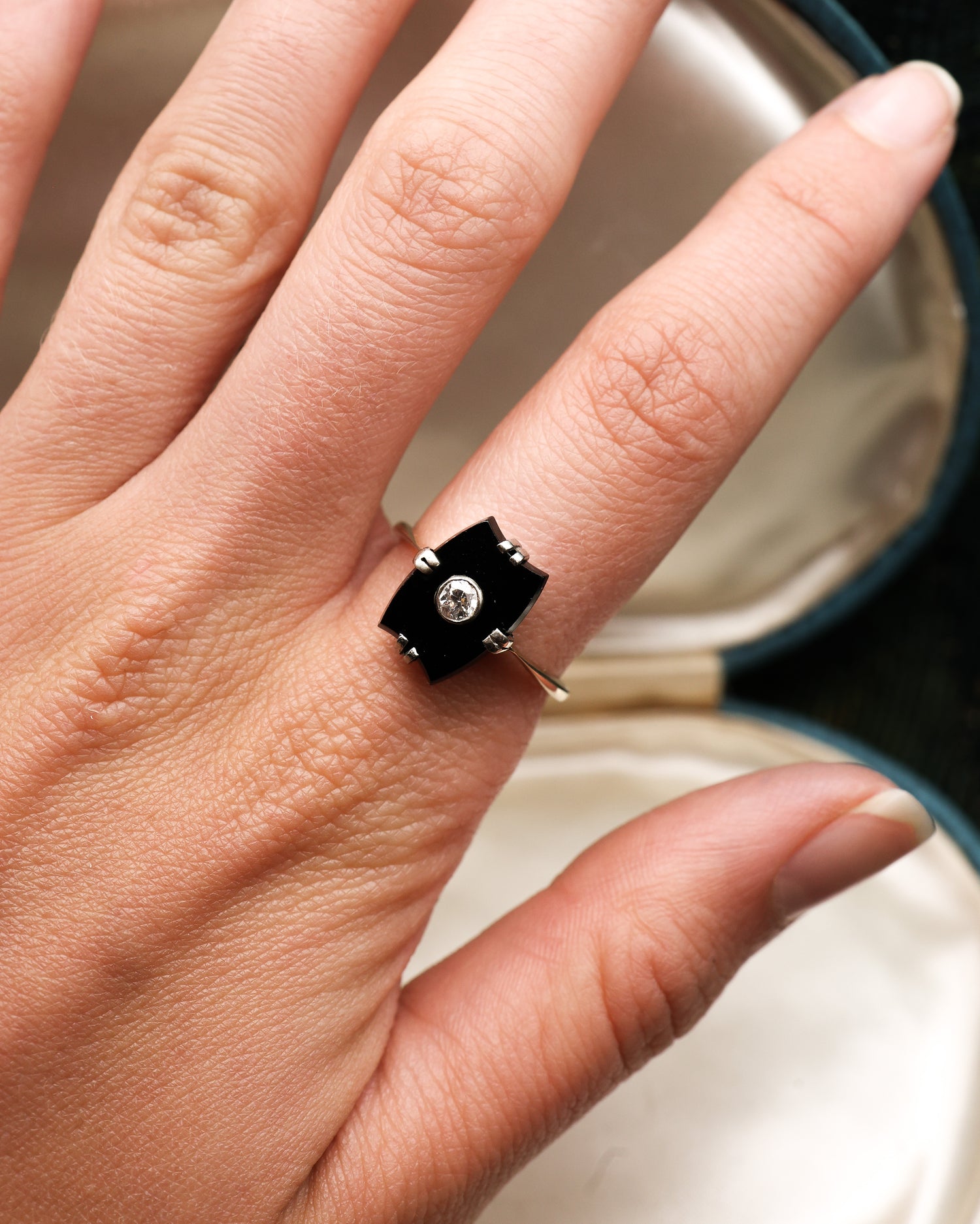 A fine Art Deco 18ct Yellow Gold (tested), Black Onyx & Diamond Plaque Ring. Circa 1925 - Robin Haydock Antiques