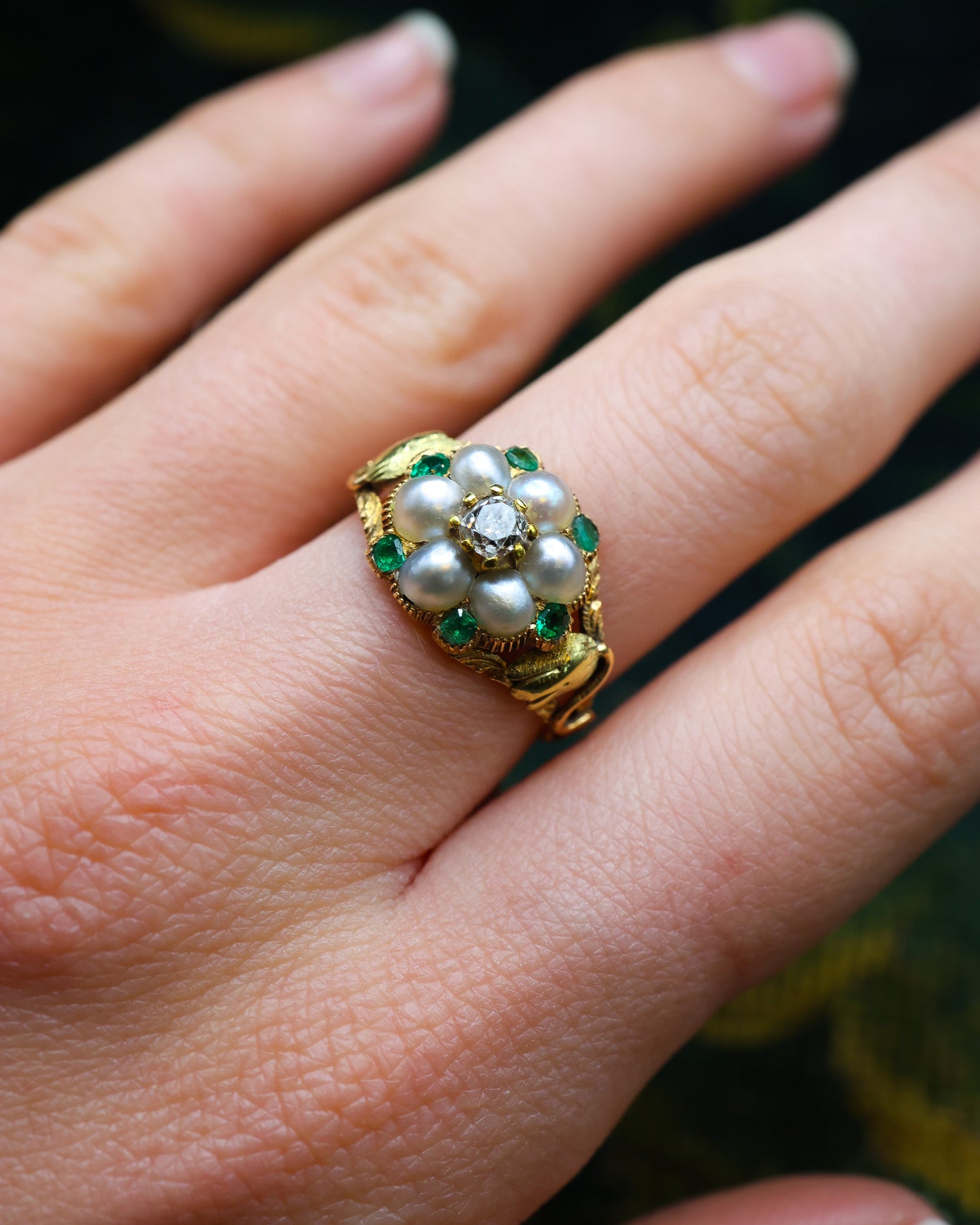High Carat Yellow Gold Natural Pearl, Emerald & Diamond Cluster Ring Circa 1850 - Robin Haydock Antiques