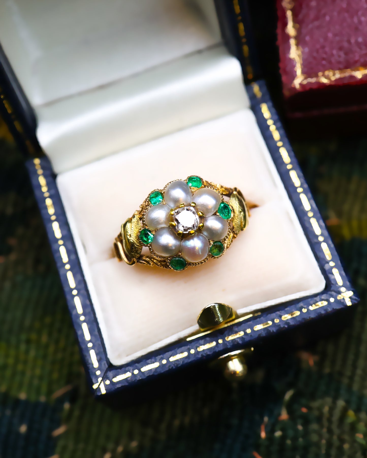 High Carat Yellow Gold Natural Pearl, Emerald & Diamond Cluster Ring Circa 1850 - Robin Haydock Antiques