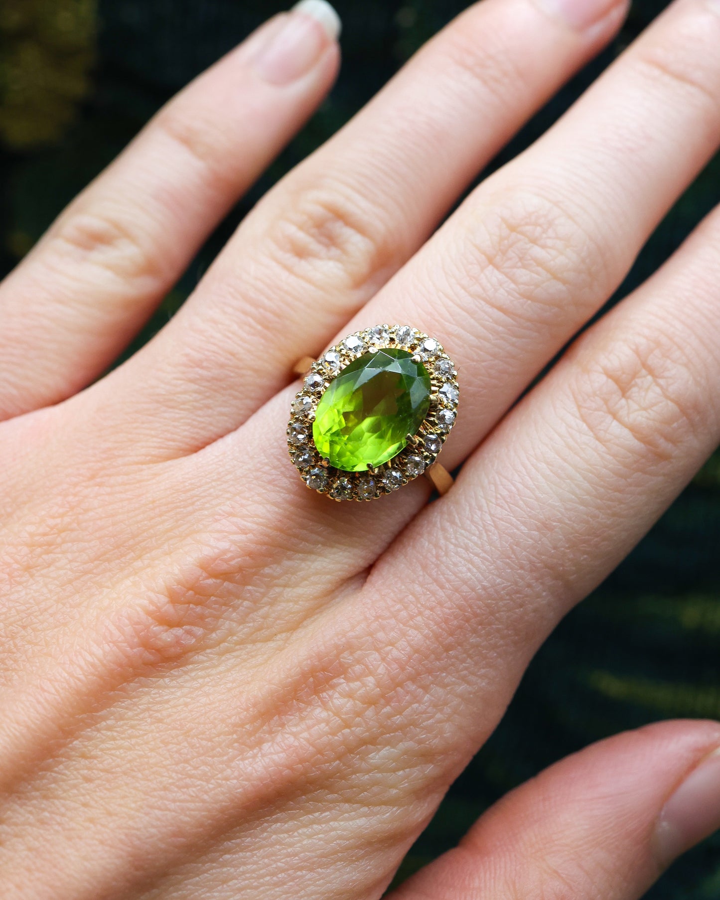 A very fine 18 Carat Yellow Gold  (stamped), Oval Cut Peridot and Old Cut Diamond Cluster Ring, English Circa 1950. - Robin Haydock Antiques