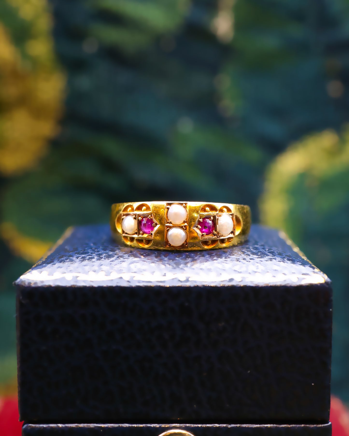 An Antique 15ct Yellow Gold Victorian Ruby and Pearl Ring. Chester Hallmarks, Circa 1886 - Robin Haydock Antiques