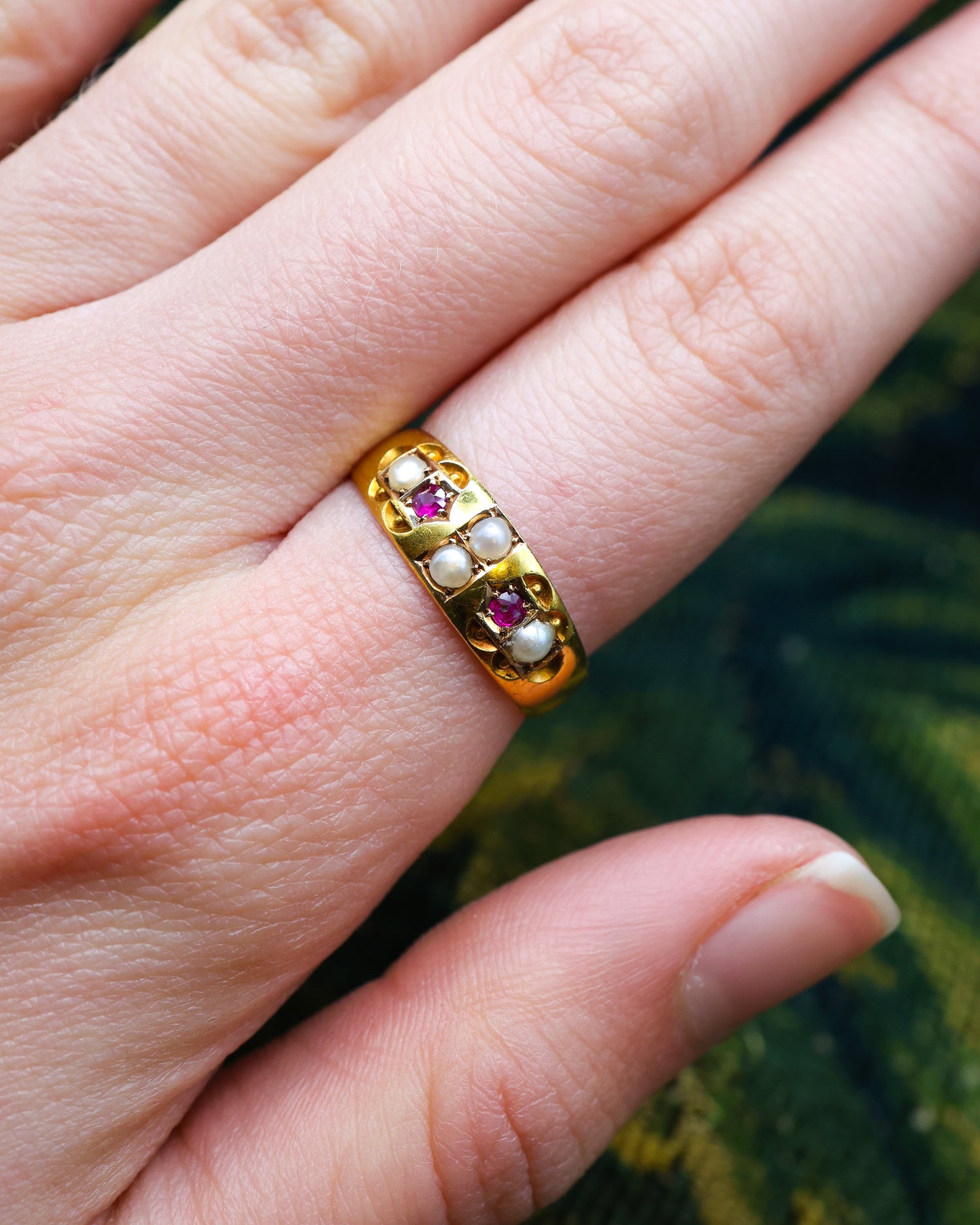 An Antique 15ct Yellow Gold Victorian Ruby and Pearl Ring. Chester Hallmarks, Circa 1886 - Robin Haydock Antiques