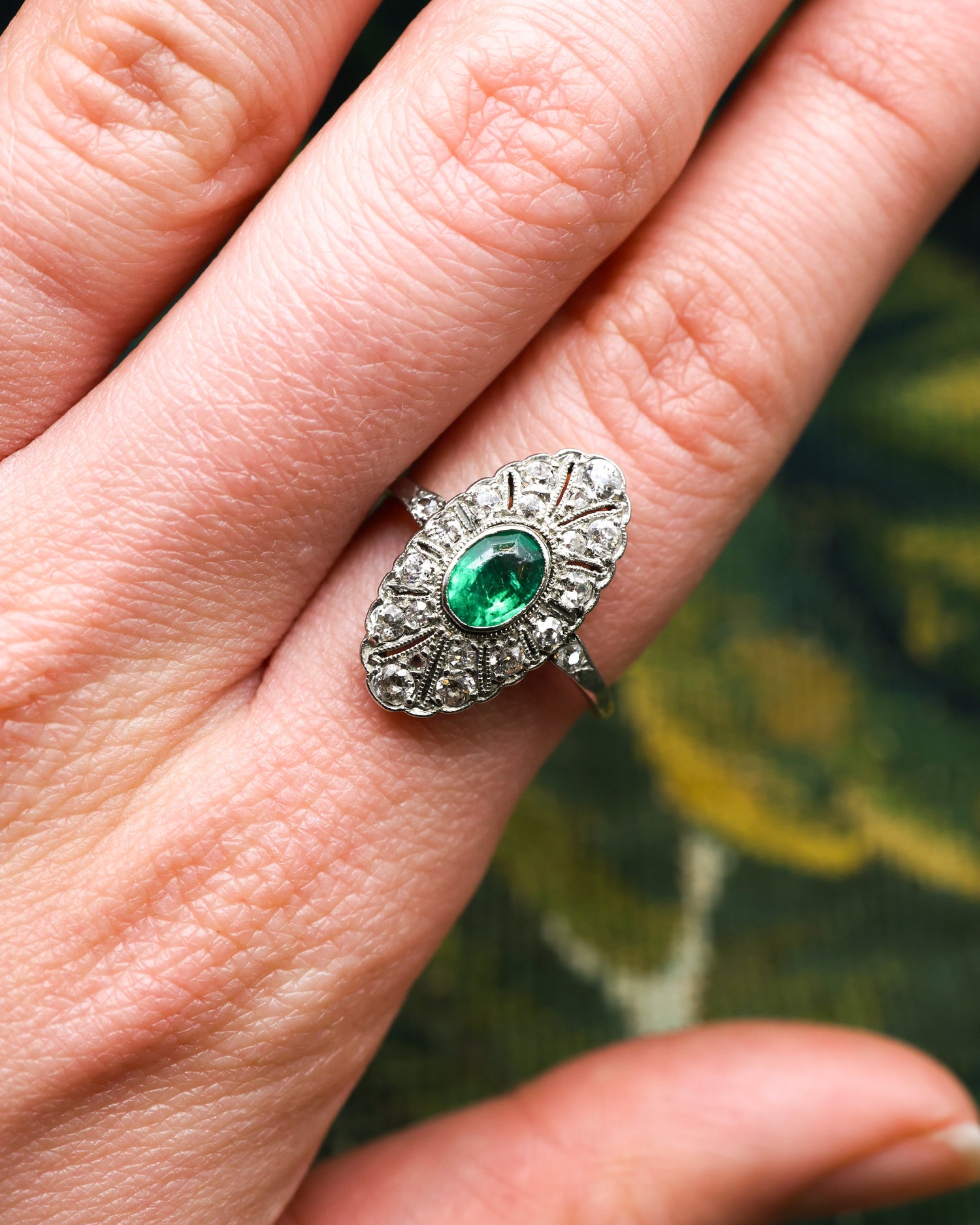 A very fine Oval Emerald & Diamond Plaque Ring mounted in 14ct Yellow Gold & Platinum, Continental, Circa 1920 - Robin Haydock Antiques