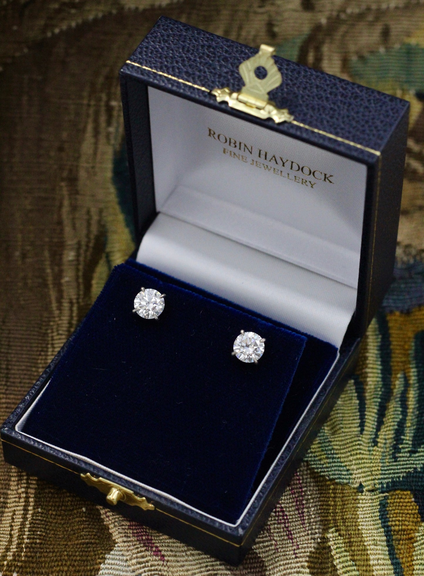 A fine pair of 18 Carat White Gold (Stamped) Diamond Earrings, two Round Brilliant Cut Diamonds of 3.03 Carats, G Colour & SI2 Clarity Pre-owned - Robin Haydock Antiques