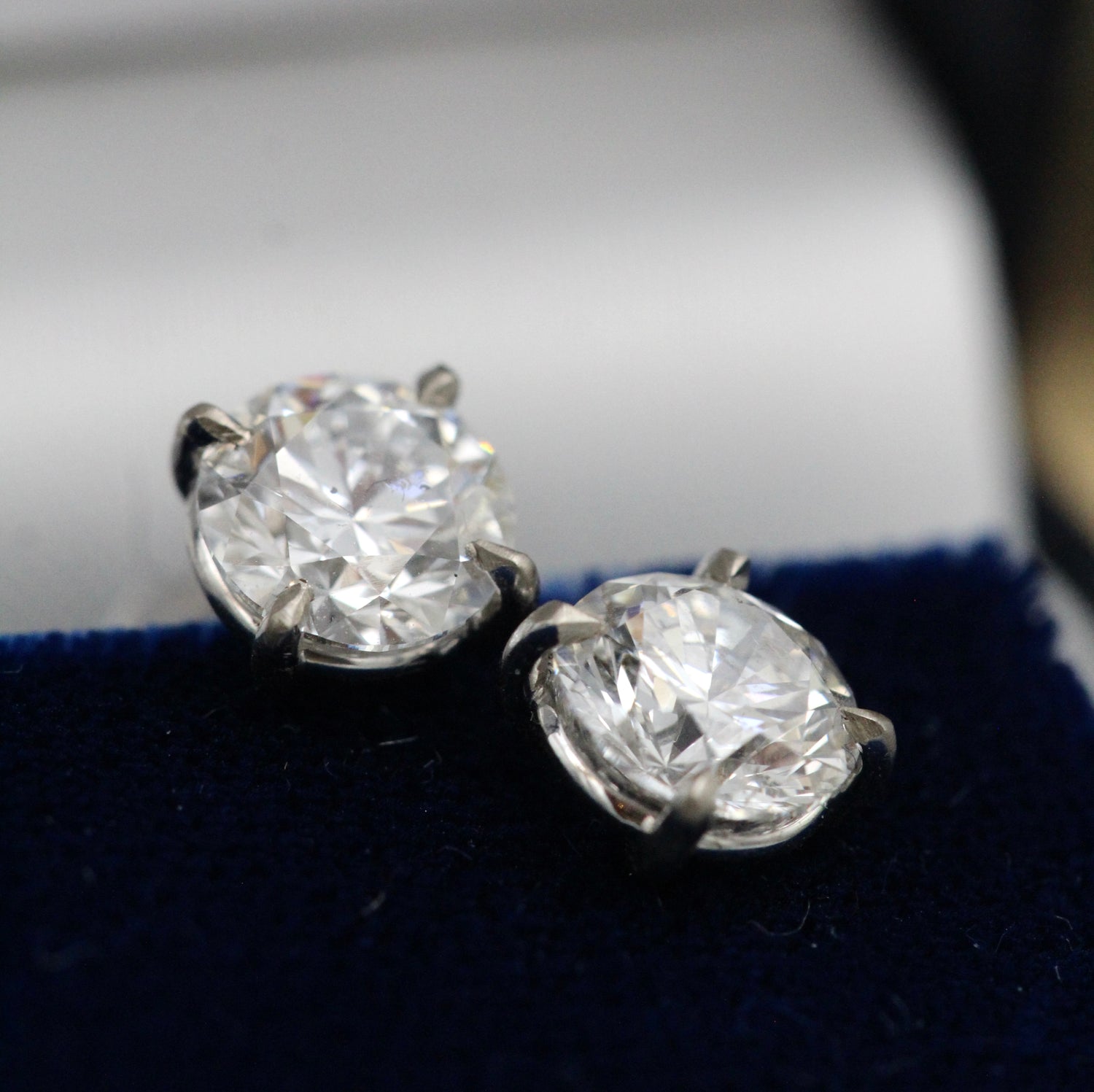 A fine pair of 18 Carat White Gold (Stamped) Diamond Earrings, two Round Brilliant Cut Diamonds of 3.03 Carats, G Colour & SI2 Clarity Pre-owned - Robin Haydock Antiques