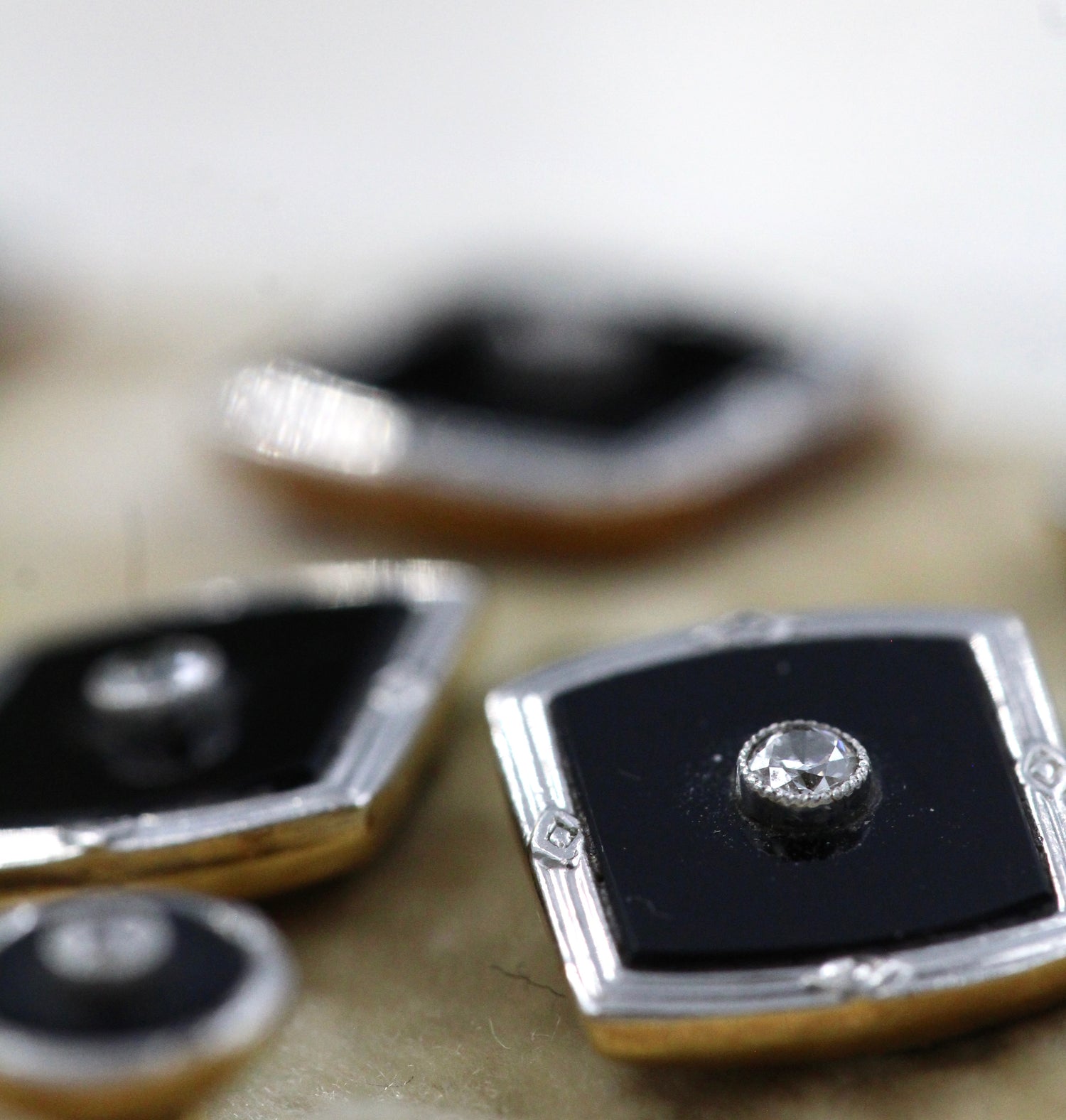 A fine set of 18ct Yellow Gold & Platinum Dress Studs set with Black Onyx and Diamonds. English  Circa 1920 - Robin Haydock Antiques