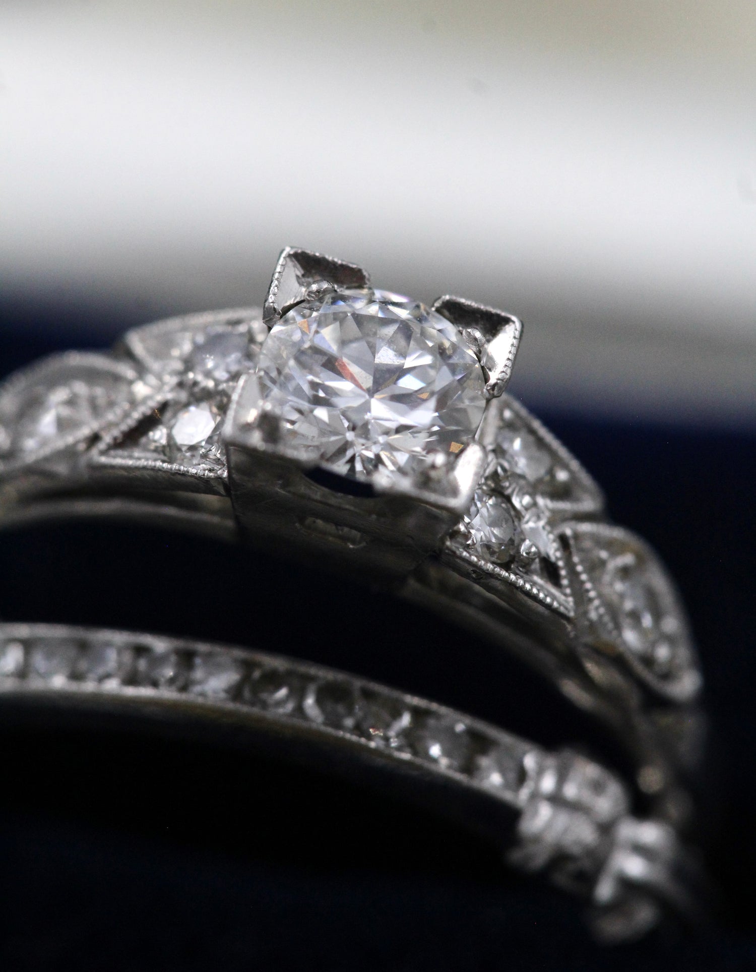 A finely worked Platinum, Iridium & Diamond Engagement Ring with matching "Quarter" Eternity Ring Circa 1935 - Robin Haydock Antiques