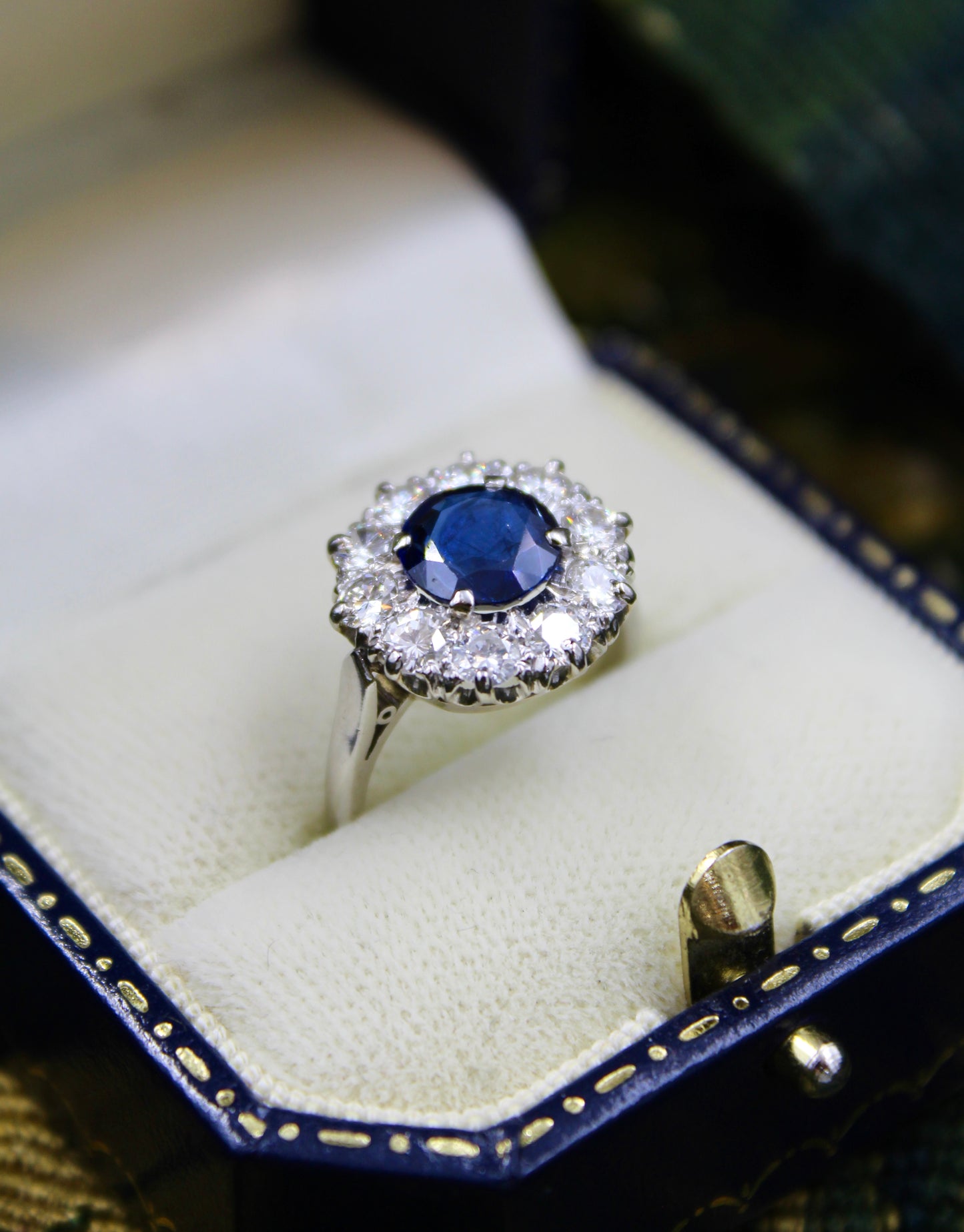 A fine Vintage, Round Sapphire and Diamond Cluster Ring mounted in Platinum (tested). Mid 20th Century. - Robin Haydock Antiques