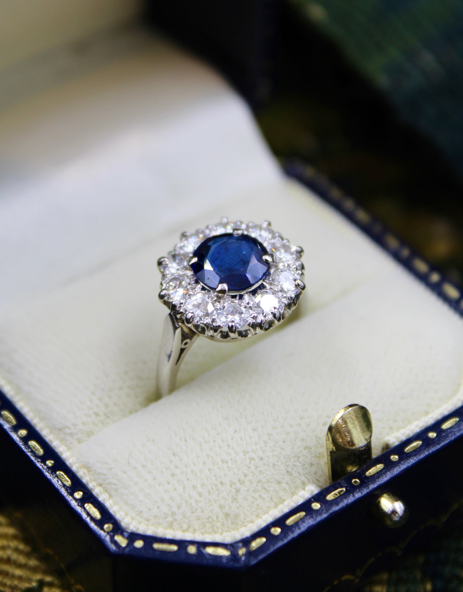 A fine Vintage, Round Sapphire and Diamond Cluster Ring mounted in Platinum (tested). Mid 20th Century. - Robin Haydock Antiques