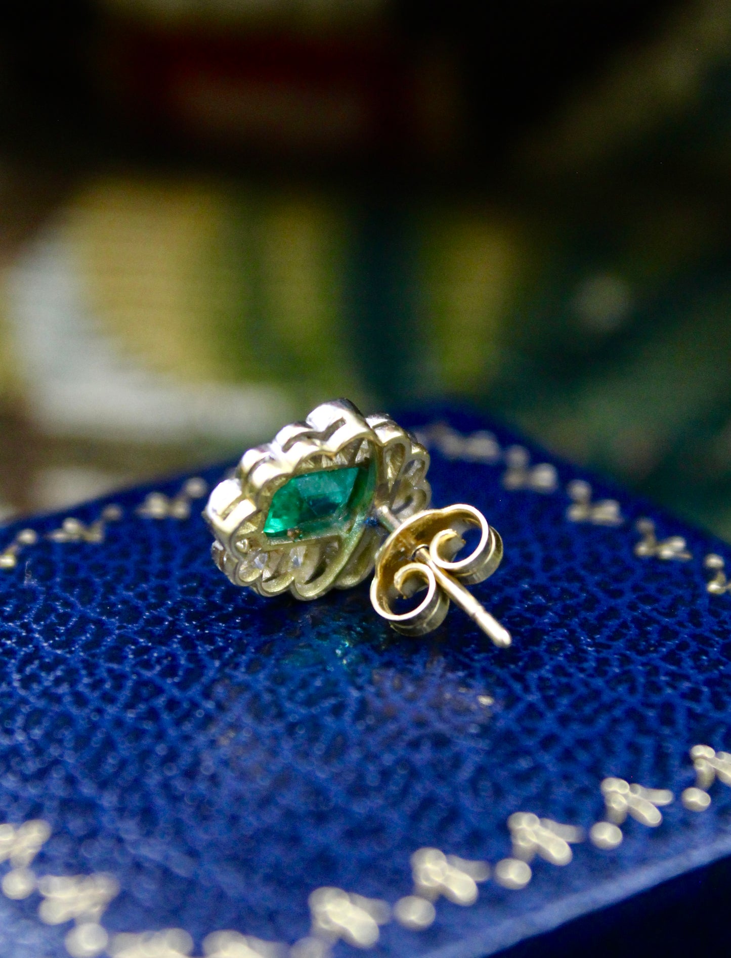 A fine pair of Oval Emerald & Diamond, 18 ct White & Yellow Gold (stamped 750) Cluster Earrings. Pre-owned - Robin Haydock Antiques