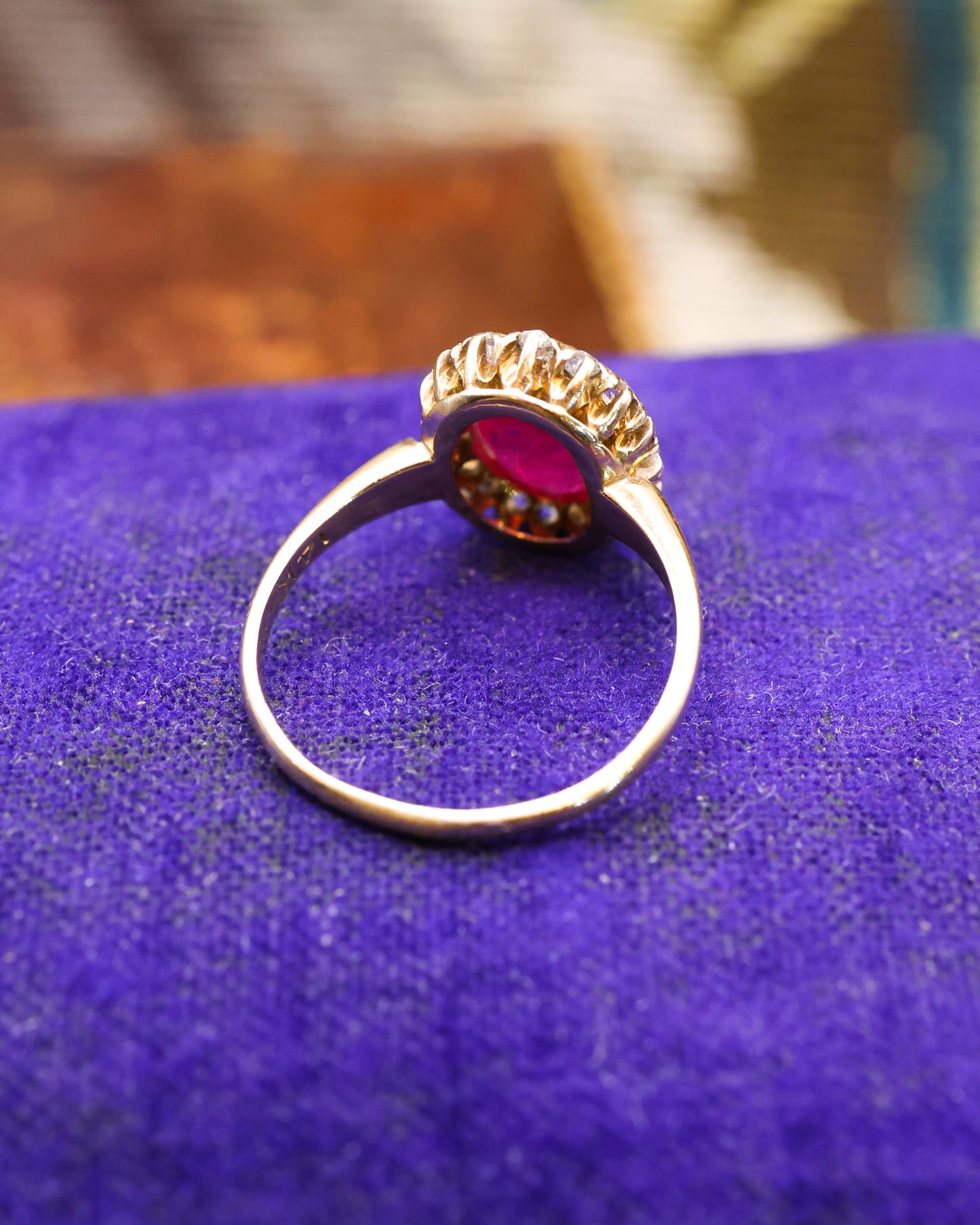 14ct Yellow Gold Oval Ruby & 16 Diamond Cluster Ring Circa 1920 - Robin Haydock Antique Jewellery