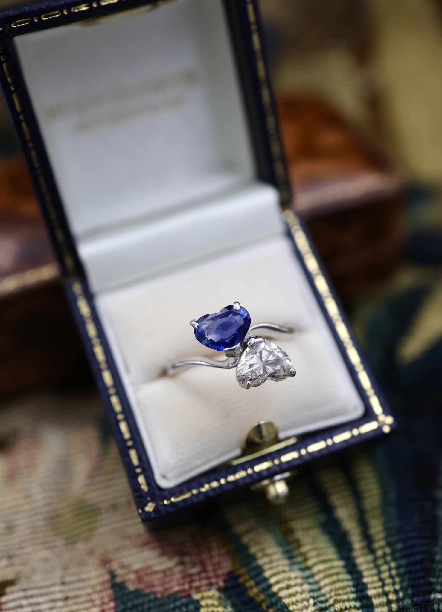 A remarkable Vintage 18ct White Gold (French import marks),  Heart Shaped Sapphire & Diamond, Moi et Toi, Two Stone Twist Ring.  Pre-owned - Robin Haydock Antiques