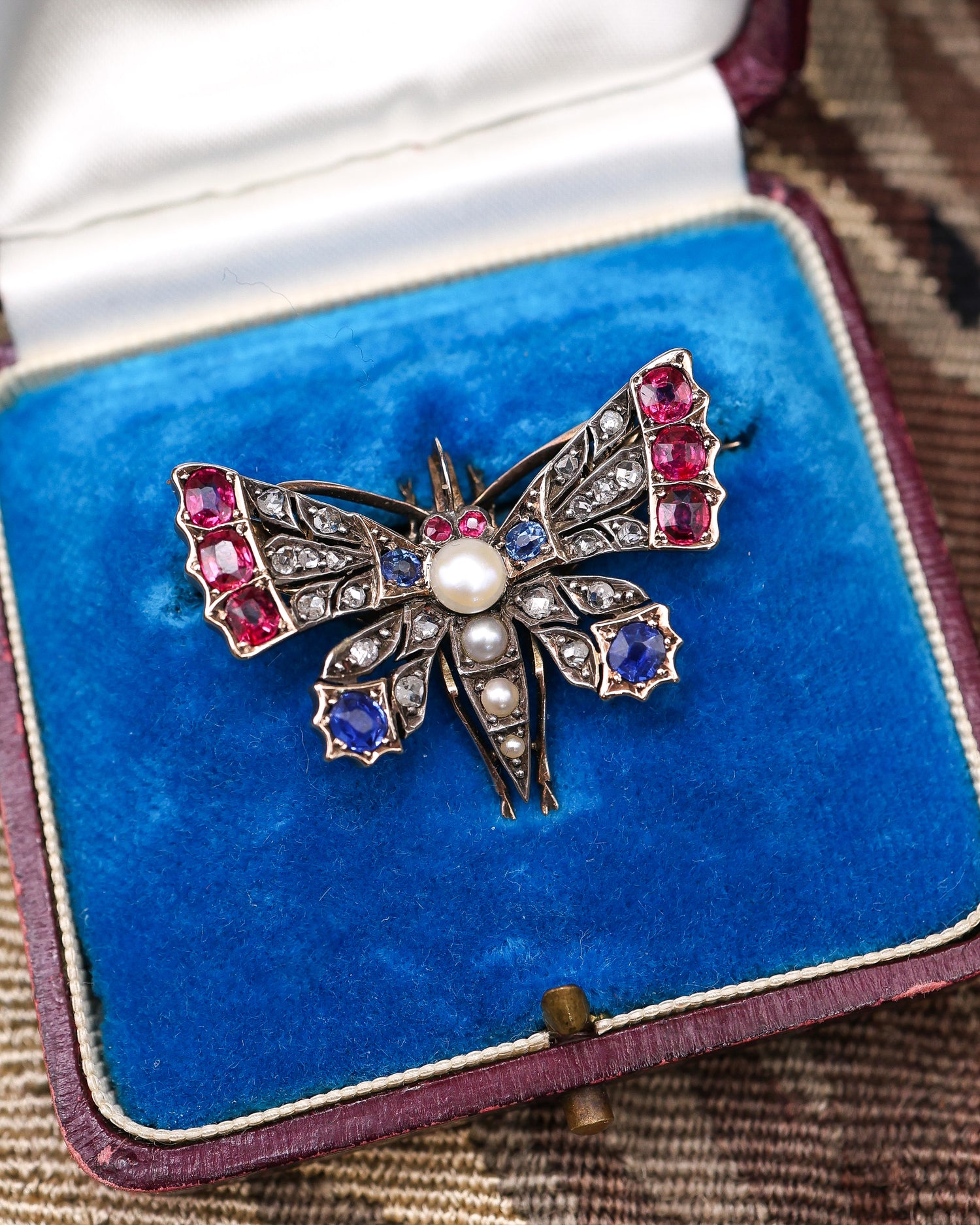 High Carat Yellow Gold  Victorian Diamond, Natural Ruby, & Sapphire Butterfly Brooch Circa 1880 - Robin Haydock Antique Jewellery
