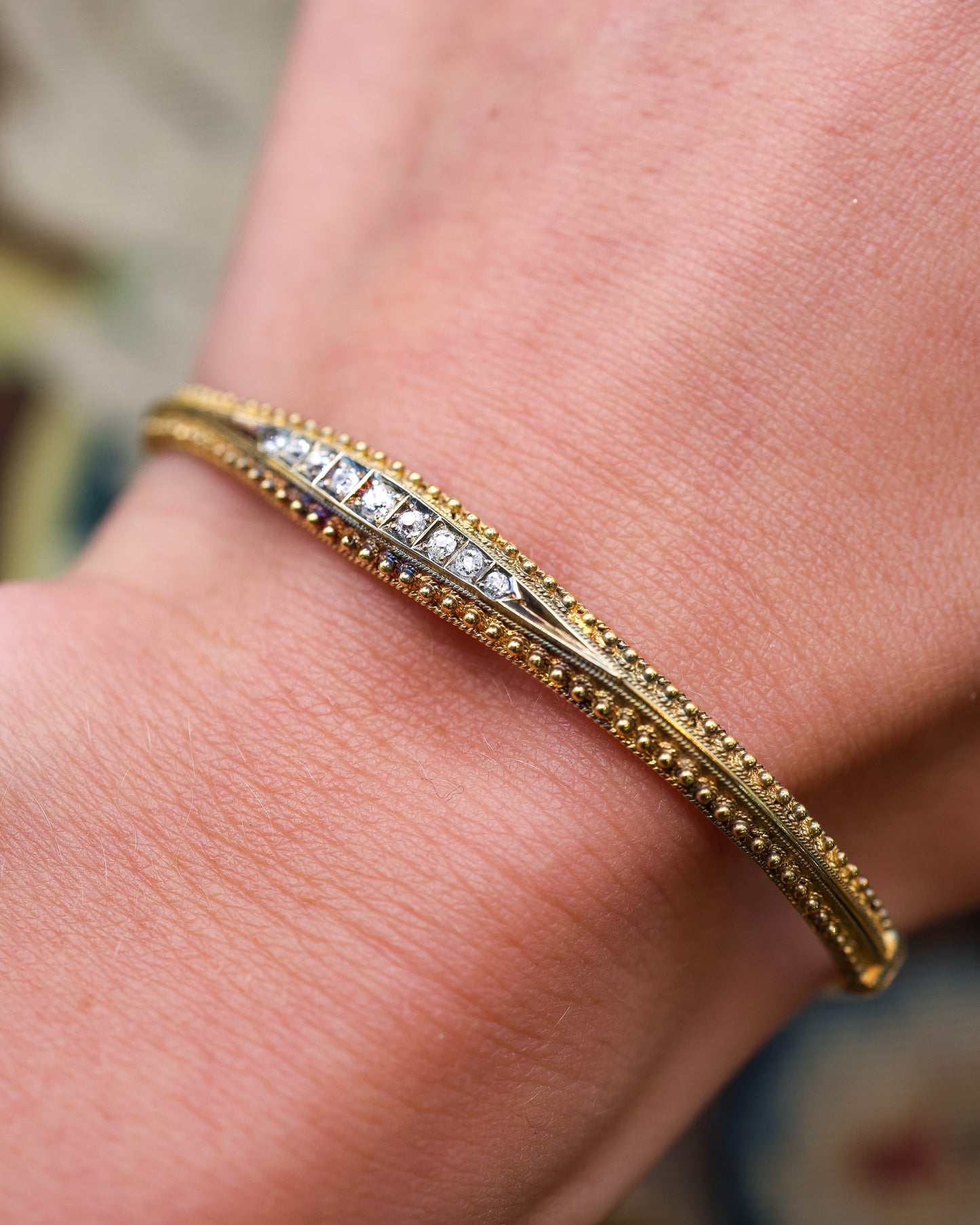 A Very Fine Late Victorian 15 Carat Yellow Gold Diamond Bangle. English Circa 1880 - Robin Haydock Antique Jewellery