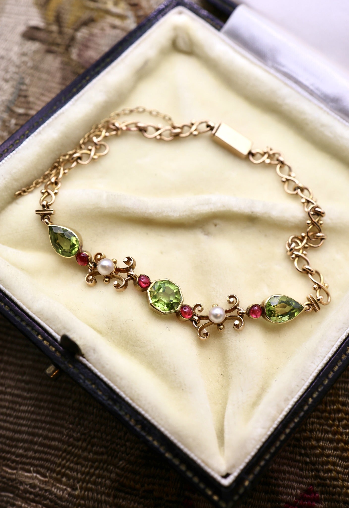 15ct Yellow Gold Victorian Peridot, Pearl and Ruby Bracelet Circa 1890 - Robin Haydock Antiques