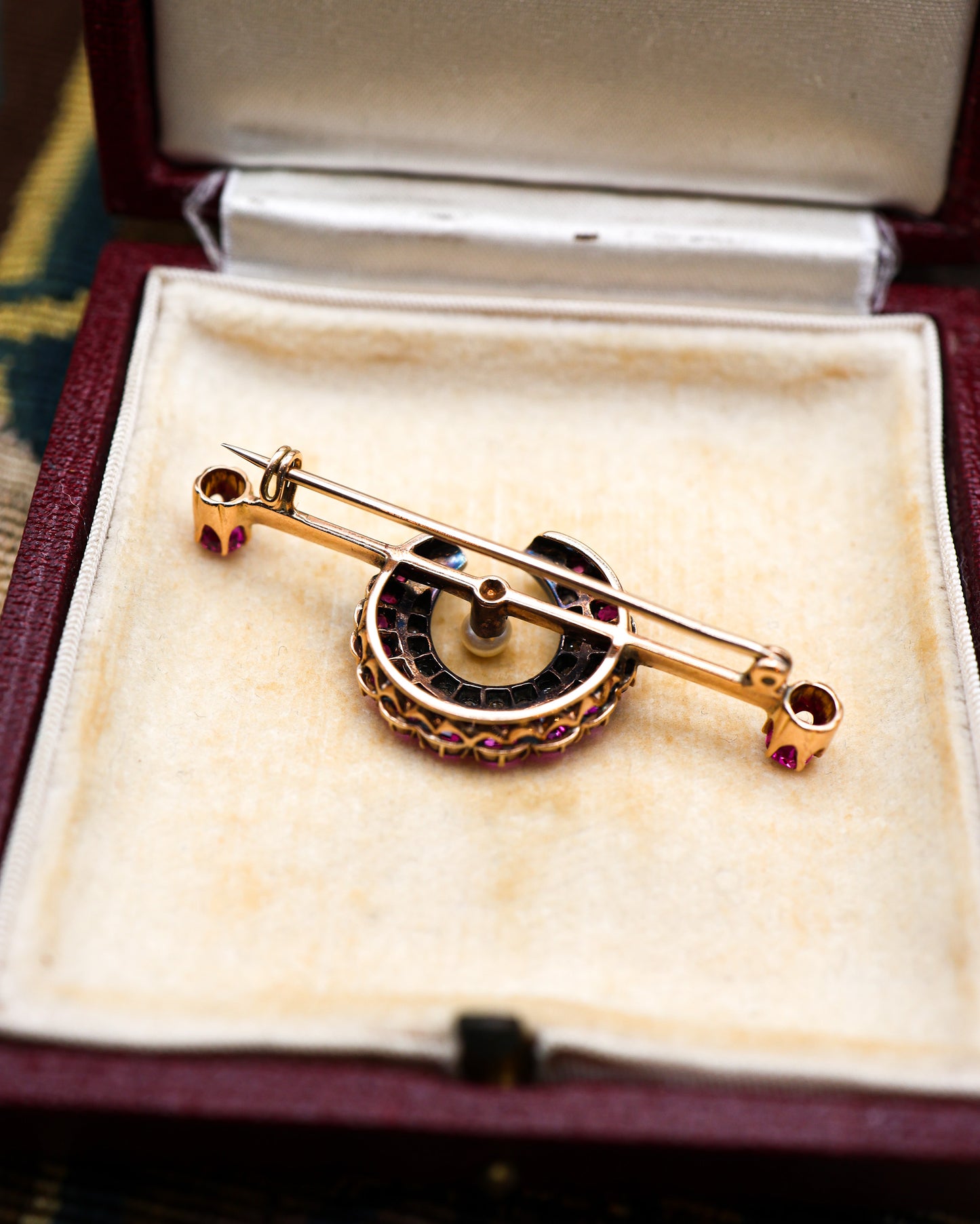 A very fine Victorian, Rose Gold & Silver, "Siam" Ruby, Natural Pearl and Diamond Crescent Brooch, with satellite Rubies. English Circa 1880 - Robin Haydock Antiques