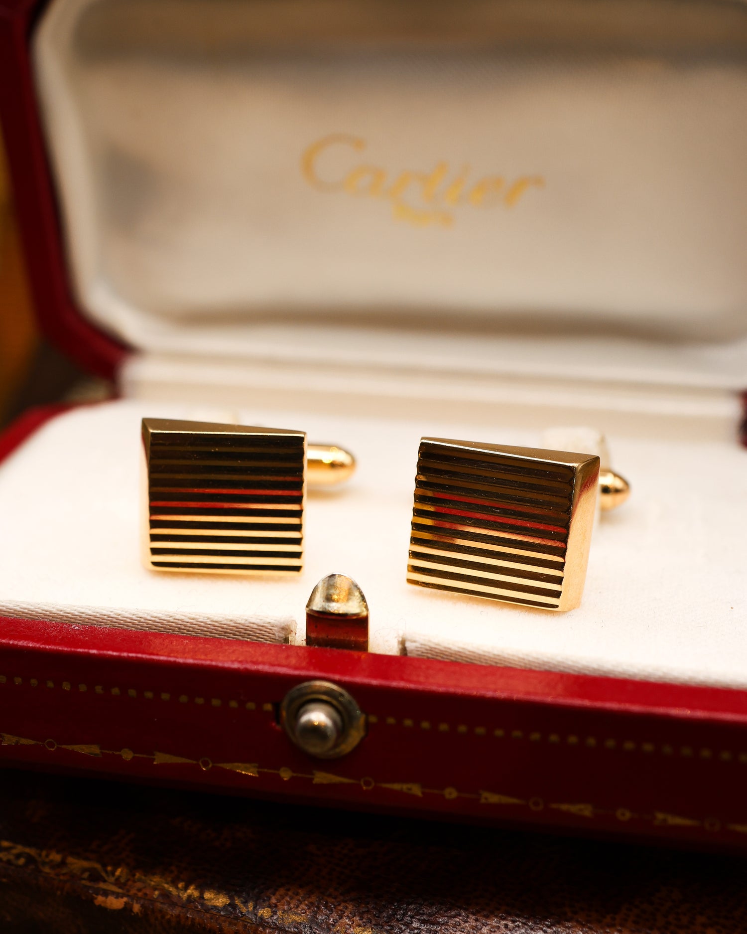 A fine pair of Vintage, 14 carat Yellow Gold Cartier Cuff links with spring "T Bar" fasteners. Circa 1990 - Robin Haydock Antiques