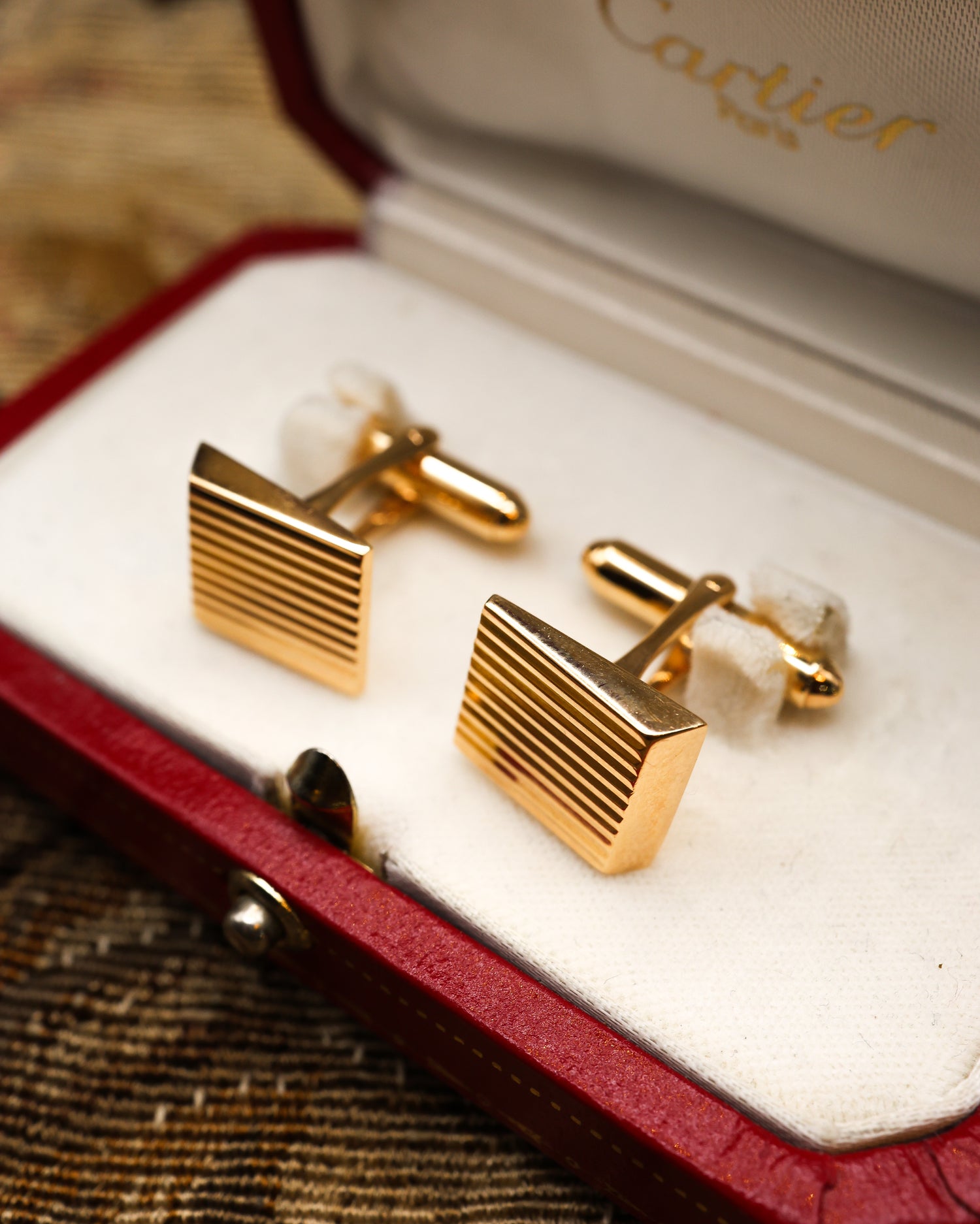 A fine pair of Vintage, 14 carat Yellow Gold Cartier Cuff links with spring "T Bar" fasteners. Circa 1990 - Robin Haydock Antiques