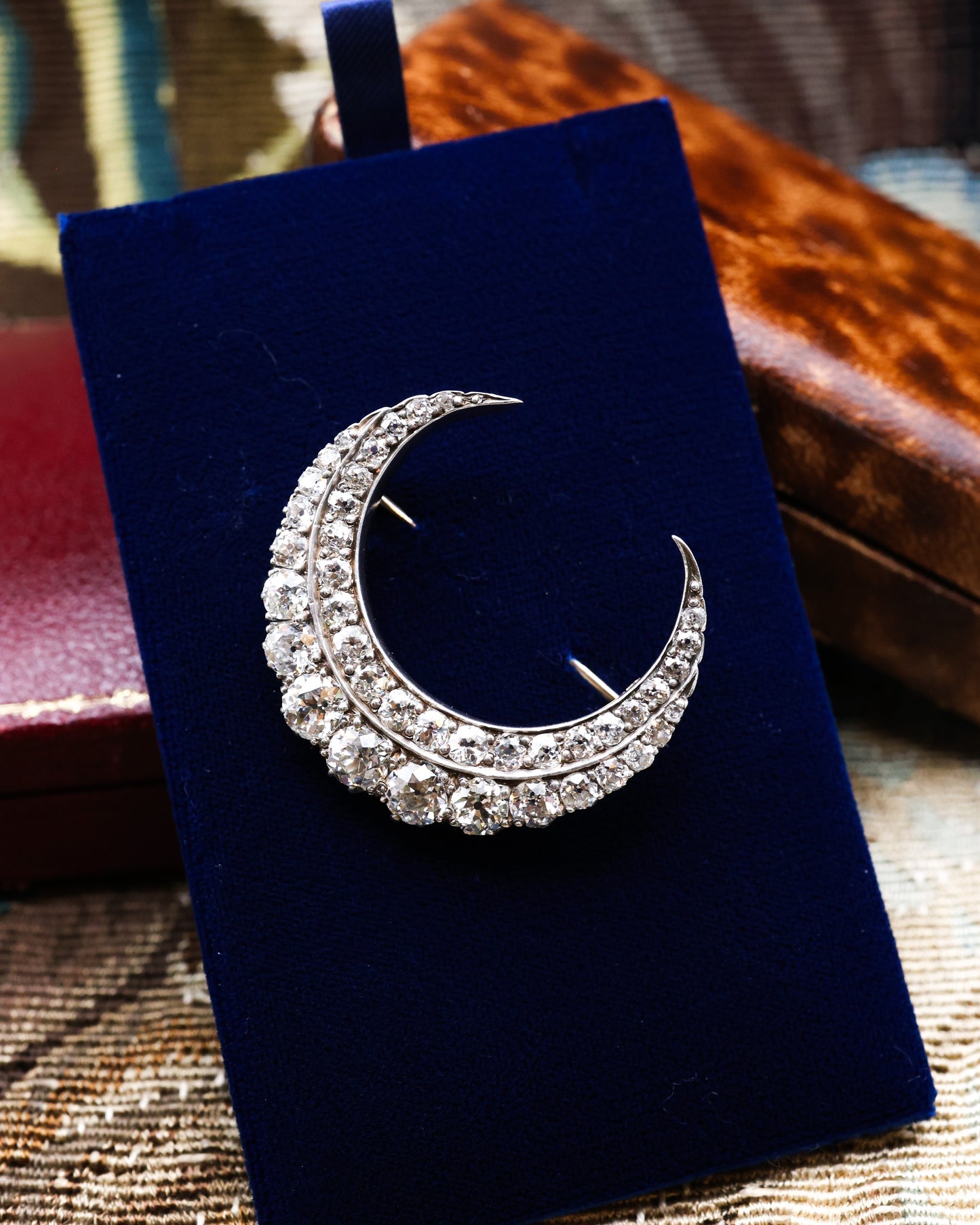 A very fine Silver Tipped 15 ct. Yellow Gold Antique Diamond Crescent Brooch. English Circa 1890 - Robin Haydock Antiques