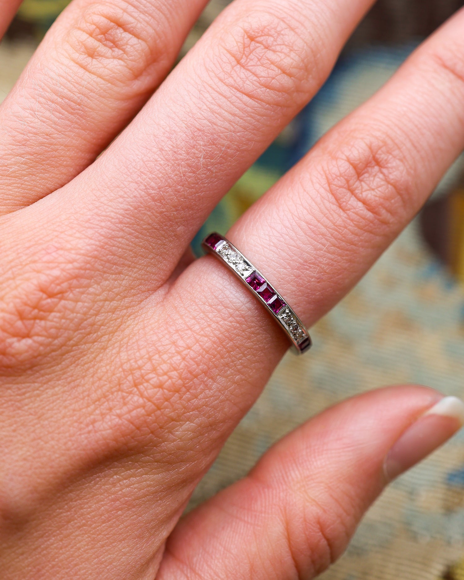 A very fine 18 ct. White Gold Ruby and Diamond Half Eternity Ring, Birmingham Marks for 1966. - Robin Haydock Antiques