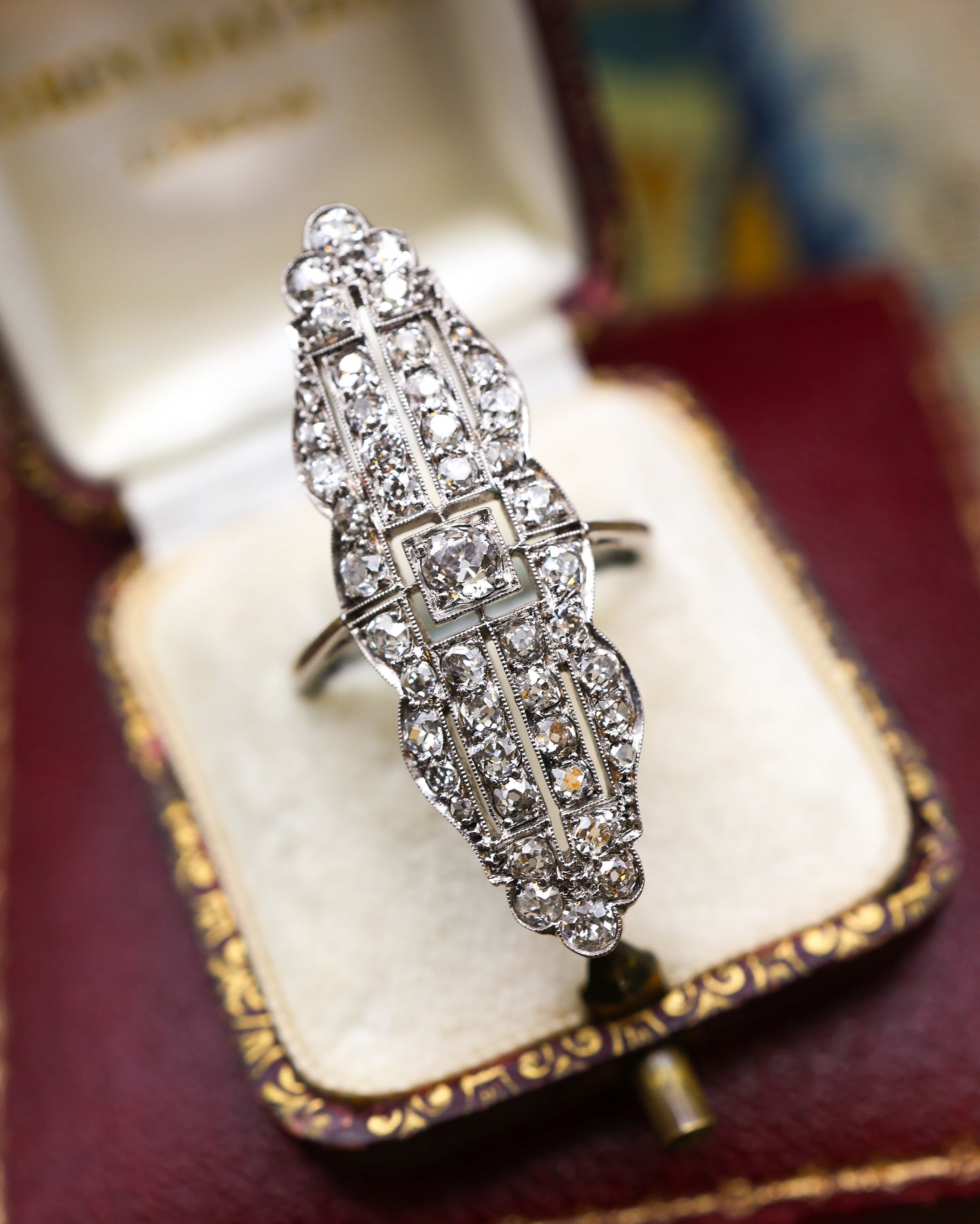 A very fine Platinum (stamped), Art Deco Old Europeand Cut Diamond Plaque Ring, with approximately 2.90 Carats of G - H Colour, VS1 - VS2 Clarity Diamonds. English. Circa 1930 - Robin Haydock Antiques