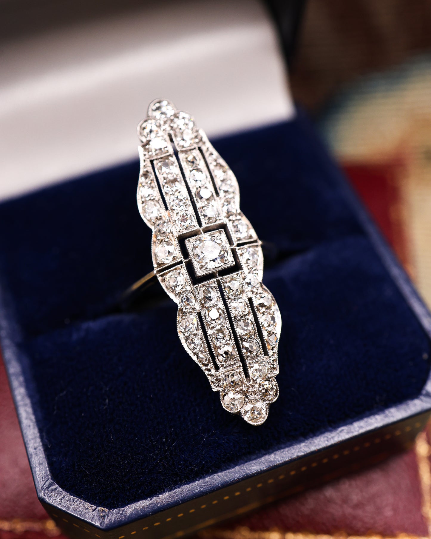 A very fine Platinum (stamped), Art Deco Old Europeand Cut Diamond Plaque Ring, with approximately 2.90 Carats of G - H Colour, VS1 - VS2 Clarity Diamonds. English. Circa 1930 - Robin Haydock Antiques