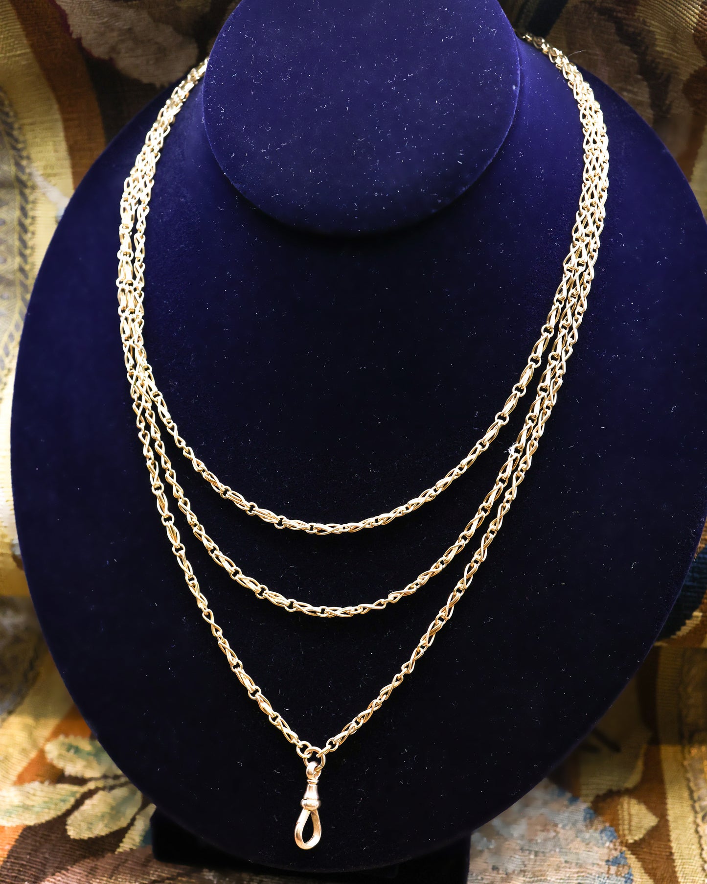 A very fine 15 carat (stamped), Yellow Gold Antique Long Guard Chain, with a matching 15 carat (stamped), Yellow Gold  Lobster Claw Clasp,  English, Circa 1880 - Robin Haydock Antiques