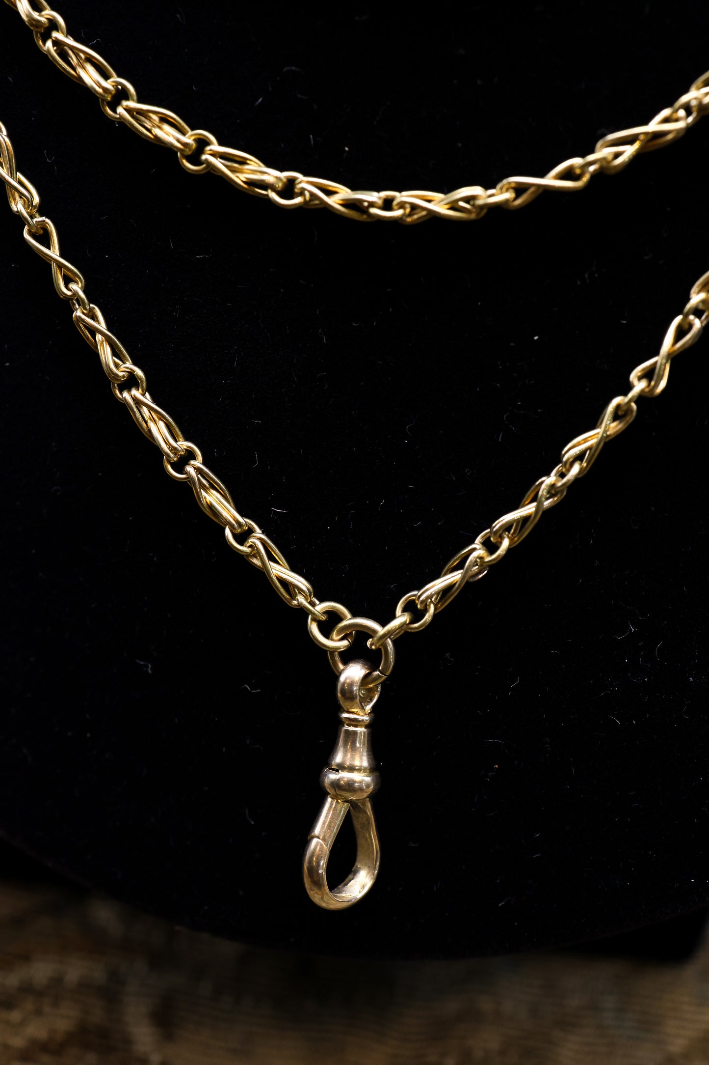 A very fine 15 carat (stamped), Yellow Gold Antique Long Guard Chain, with a matching 15 carat (stamped), Yellow Gold  Lobster Claw Clasp,  English, Circa 1880 - Robin Haydock Antiques