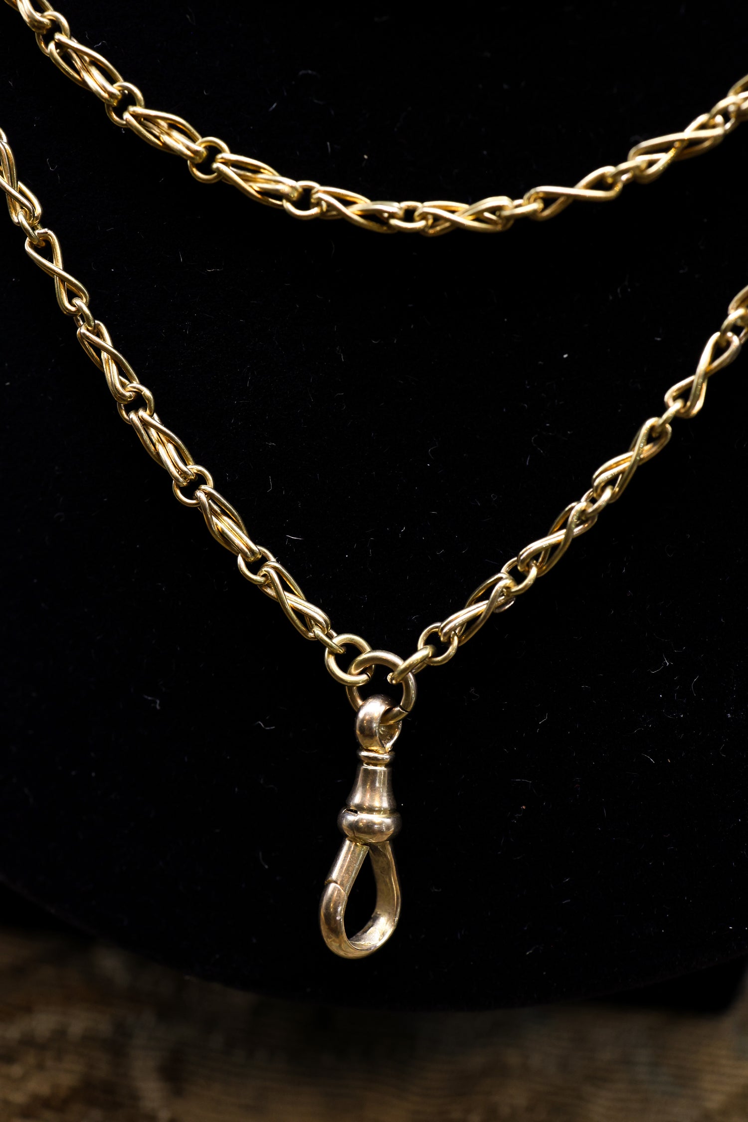 A very fine 15 carat (stamped), Yellow Gold Antique Long Guard Chain, with a matching 15 carat (stamped), Yellow Gold  Lobster Claw Clasp,  English, Circa 1880 - Robin Haydock Antiques
