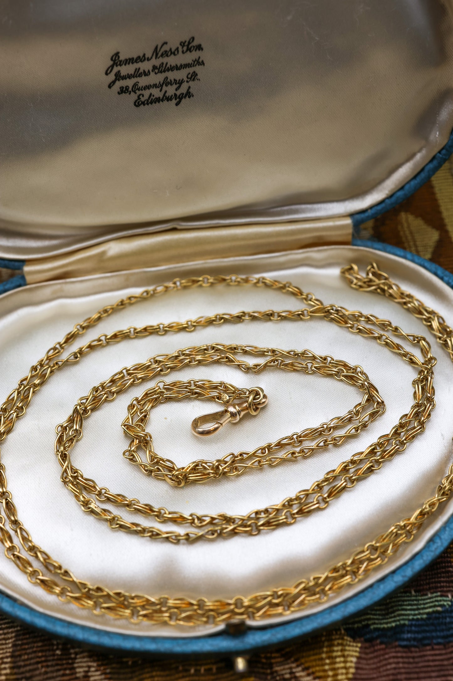 A very fine 15 carat (stamped), Yellow Gold Antique Long Guard Chain, with a matching 15 carat (stamped), Yellow Gold  Lobster Claw Clasp,  English, Circa 1880 - Robin Haydock Antiques