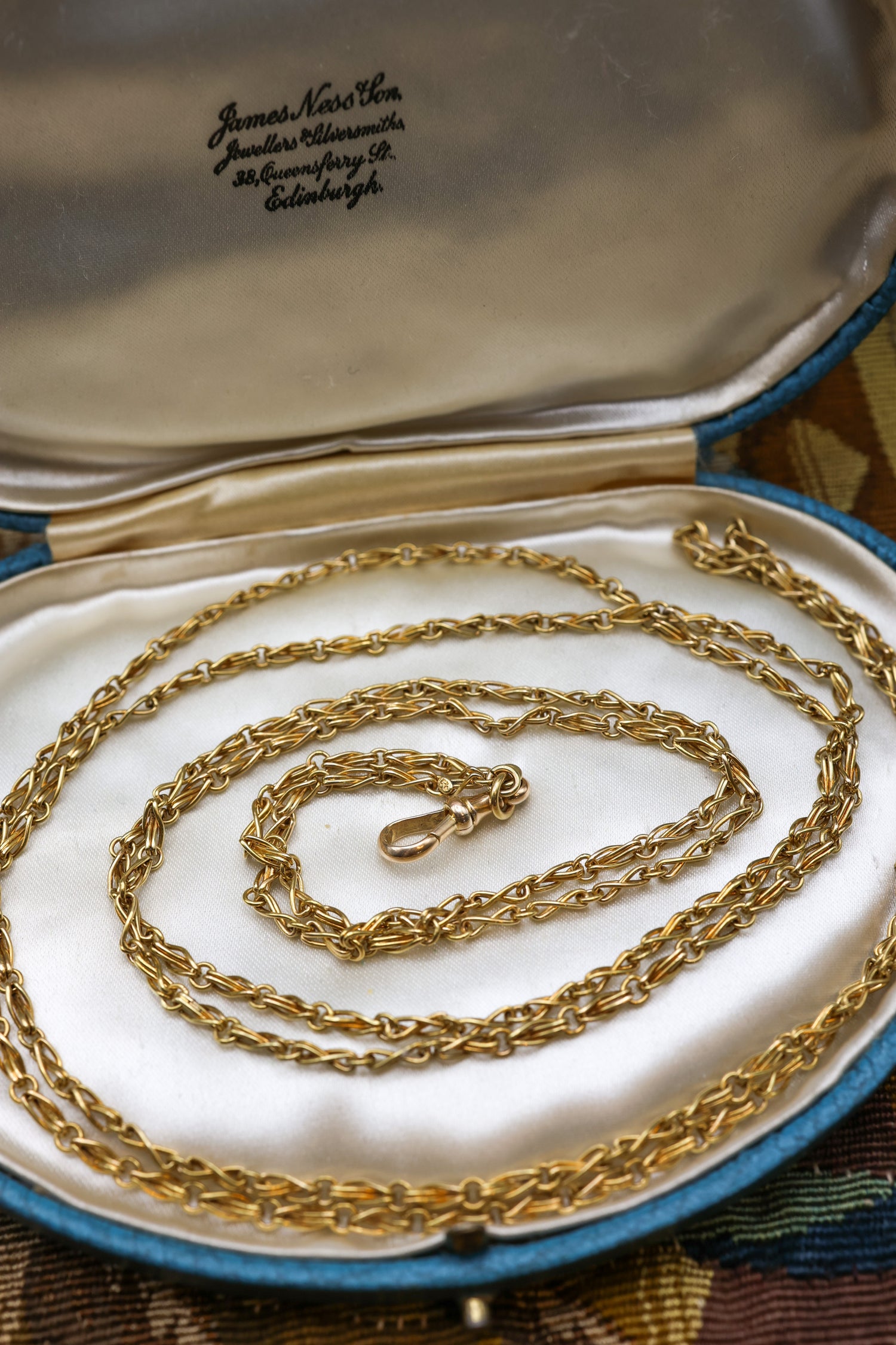 A very fine 15 carat (stamped), Yellow Gold Antique Long Guard Chain, with a matching 15 carat (stamped), Yellow Gold  Lobster Claw Clasp,  English, Circa 1880 - Robin Haydock Antiques
