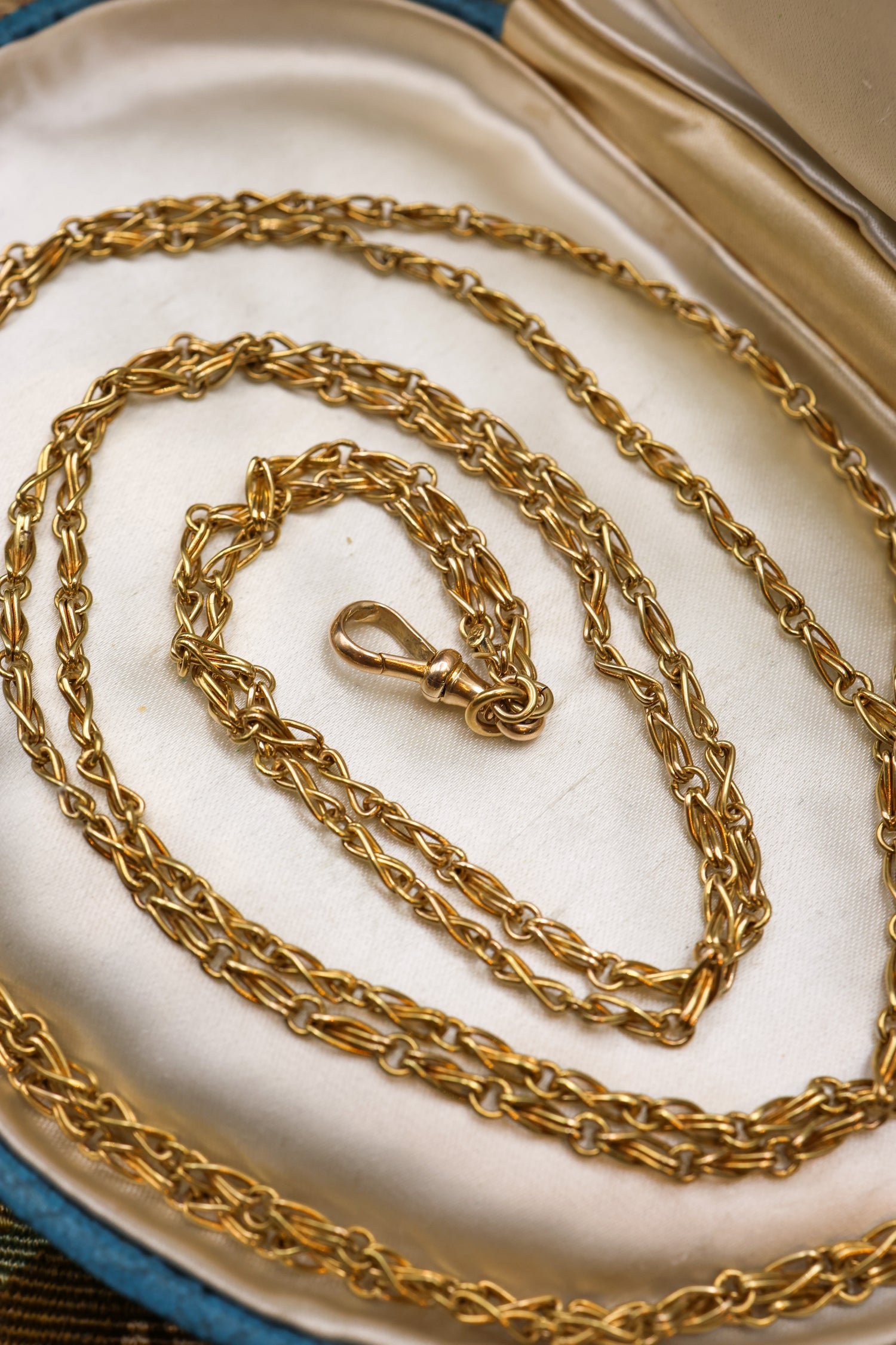 A very fine 15 carat (stamped), Yellow Gold Antique Long Guard Chain, with a matching 15 carat (stamped), Yellow Gold  Lobster Claw Clasp,  English, Circa 1880 - Robin Haydock Antiques