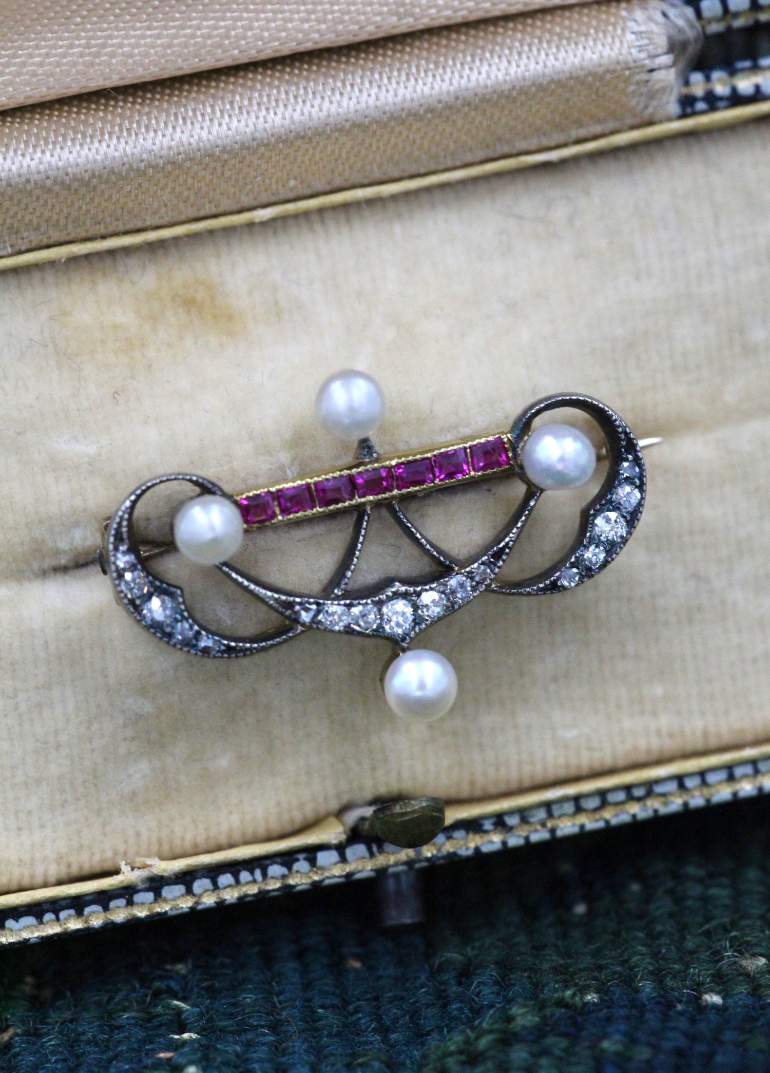A very fine Victorian Pearl, Ruby and Diamond Brooch set in Silver tipped, High Carat Gold (tested), Circa 1880. - Robin Haydock Antiques