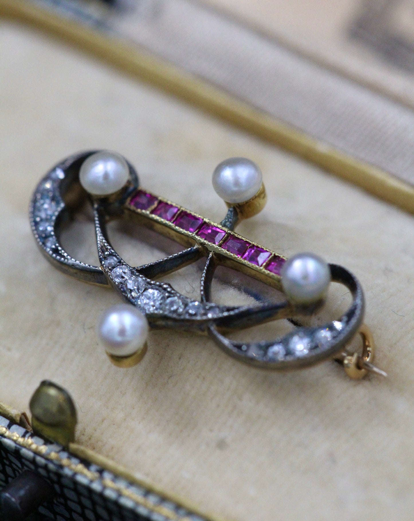 A very fine Victorian Pearl, Ruby and Diamond Brooch set in Silver tipped, High Carat Gold (tested), Circa 1880. - Robin Haydock Antiques