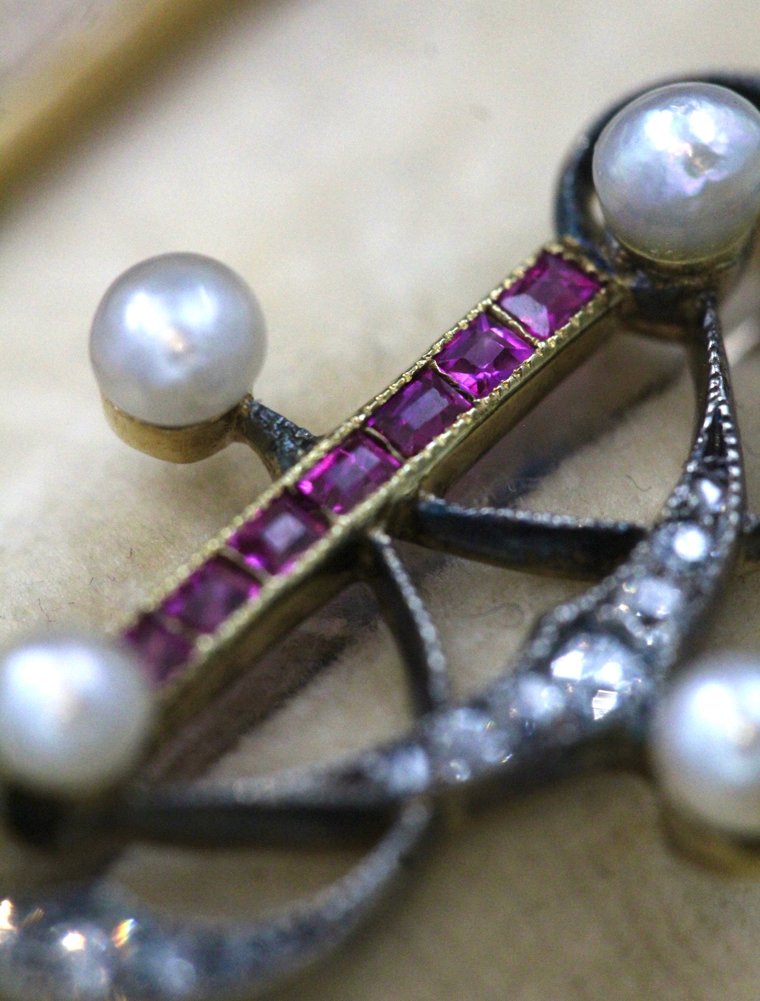 A very fine Victorian Pearl, Ruby and Diamond Brooch set in Silver tipped, High Carat Gold (tested), Circa 1880. - Robin Haydock Antiques
