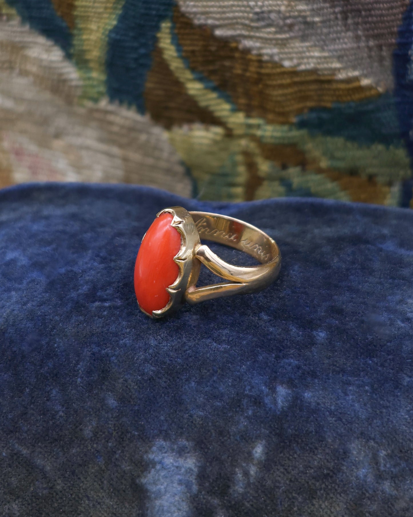 18 Ct. Yellow Gold (Tested) French (Marks) Coral ring Circa 1900 - Robin Haydock Antique Jewellery