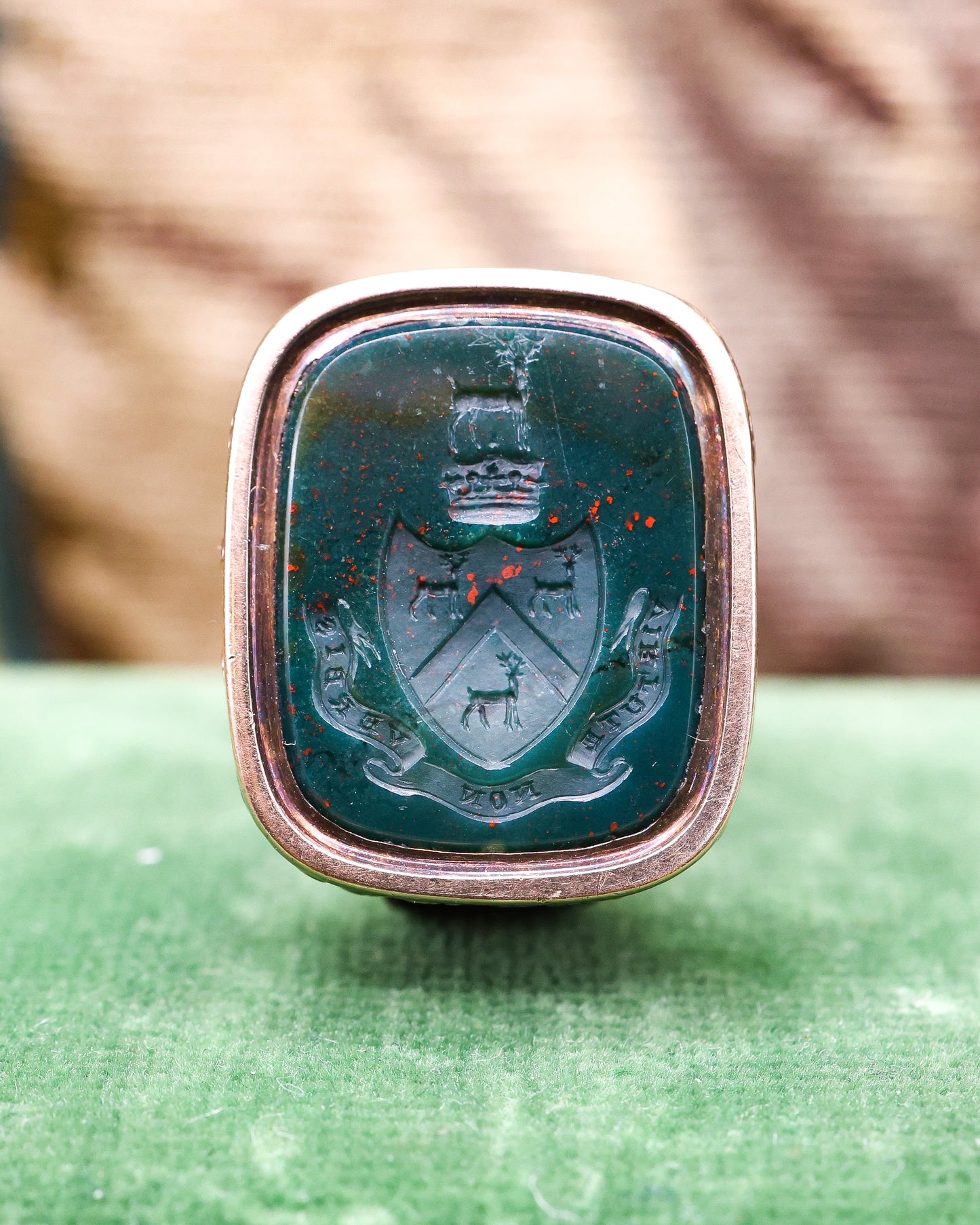 A Late Georgian 9ct Yellow Gold (tested), Seal, with foliate outline and a Bloodstone Antique Intaglio "Virtute non Verbis". Circa 1830 - Robin Haydock Antique Jewellery