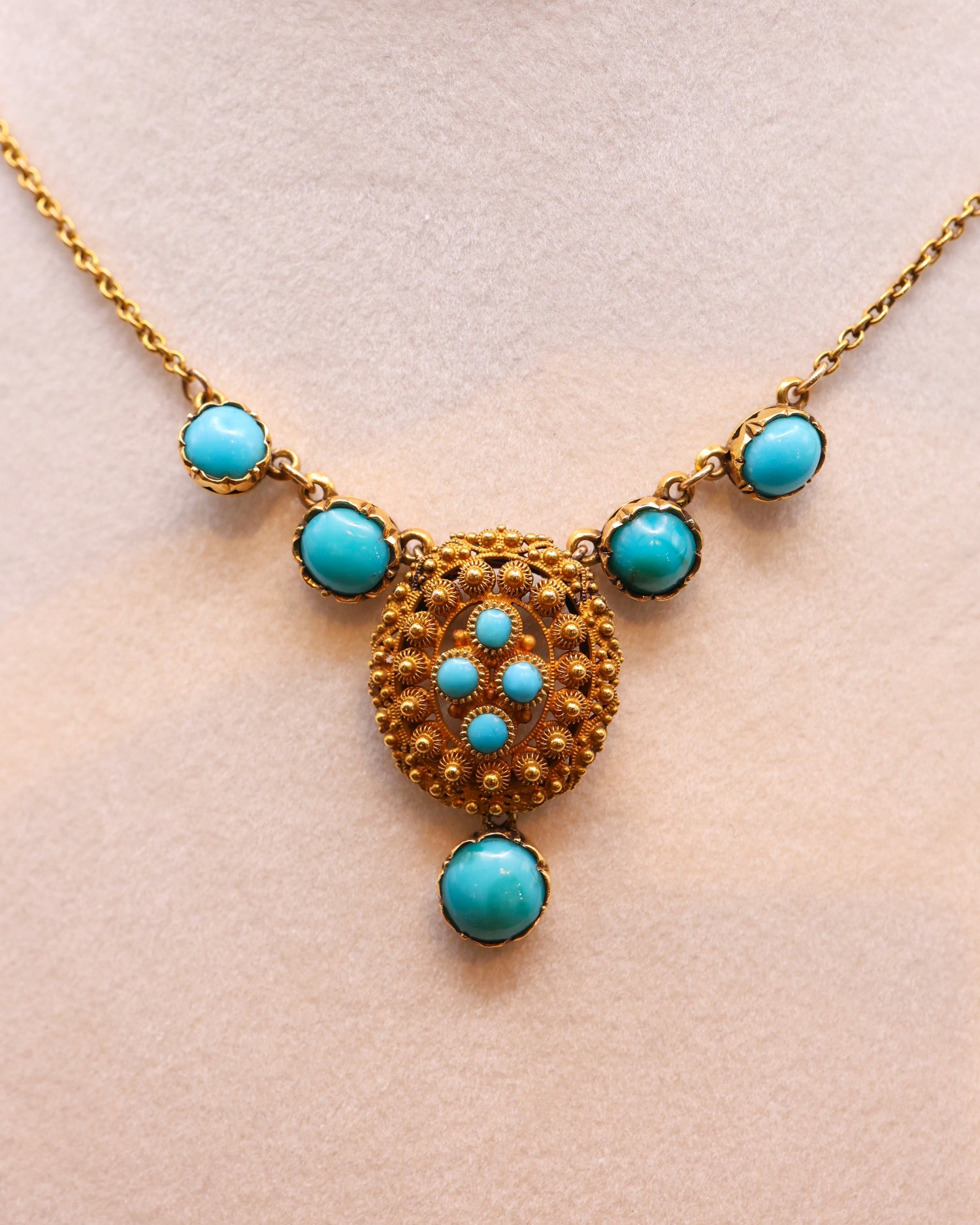 A very beautiful High & 15 Carat Yellow Gold (tested) Late Georgian oval Turquoise Cannetille Necklace English Circa 1830 - 1855 - Robin Haydock Antique Jewellery