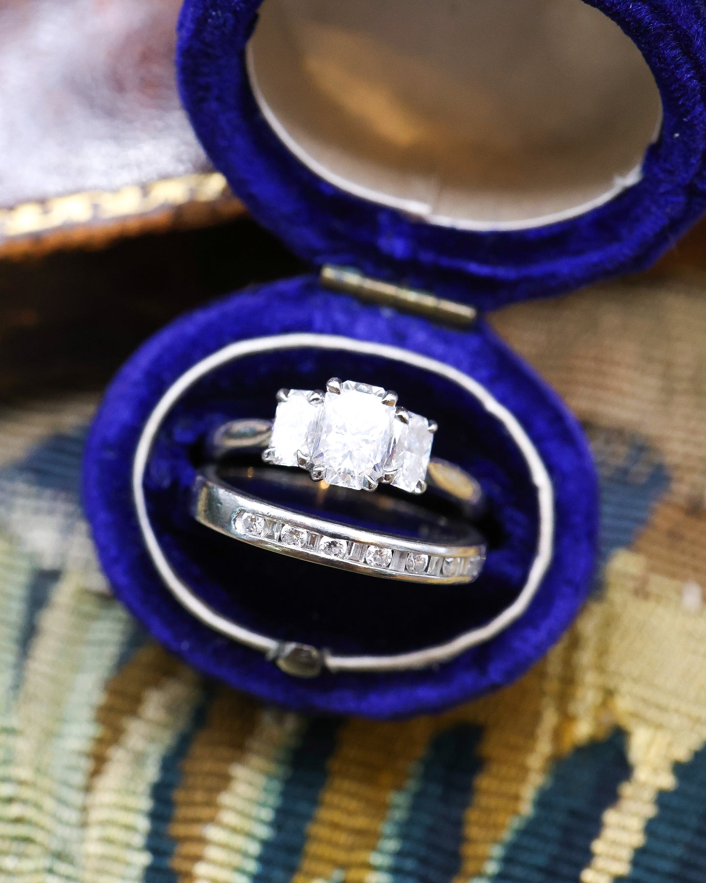 Platinum, Phoenix Cut, Three Stone Diamond Ring with the option of a matching Eternity Ring, Preowned