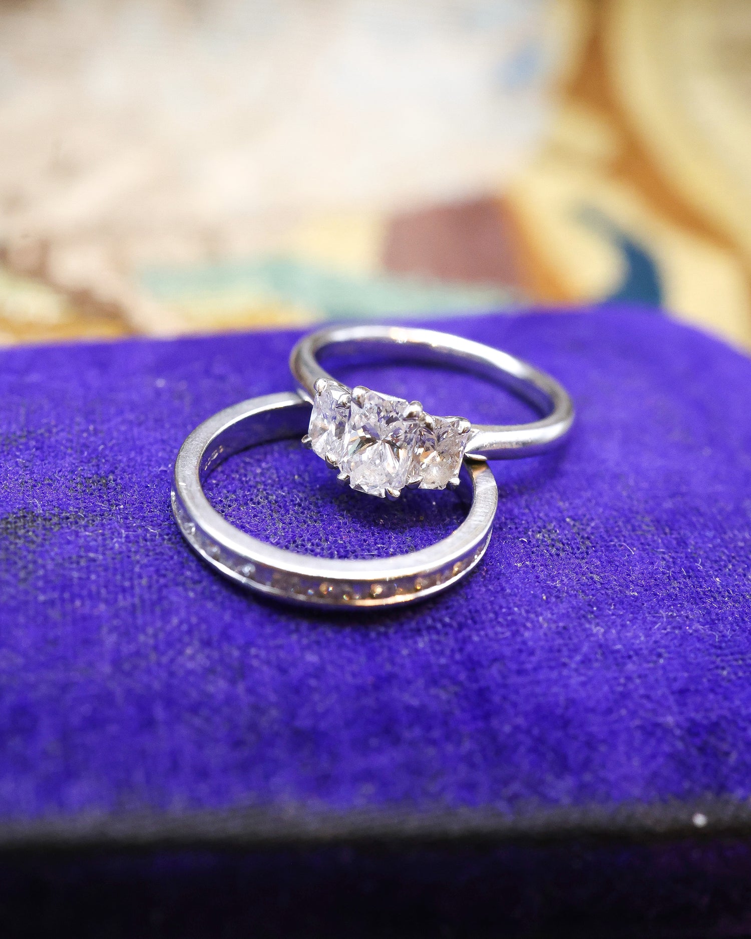 Platinum, Phoenix Cut, Three Stone Diamond Ring with the option of a matching Eternity Ring, Preowned - Robin Haydock Antique Jewellery