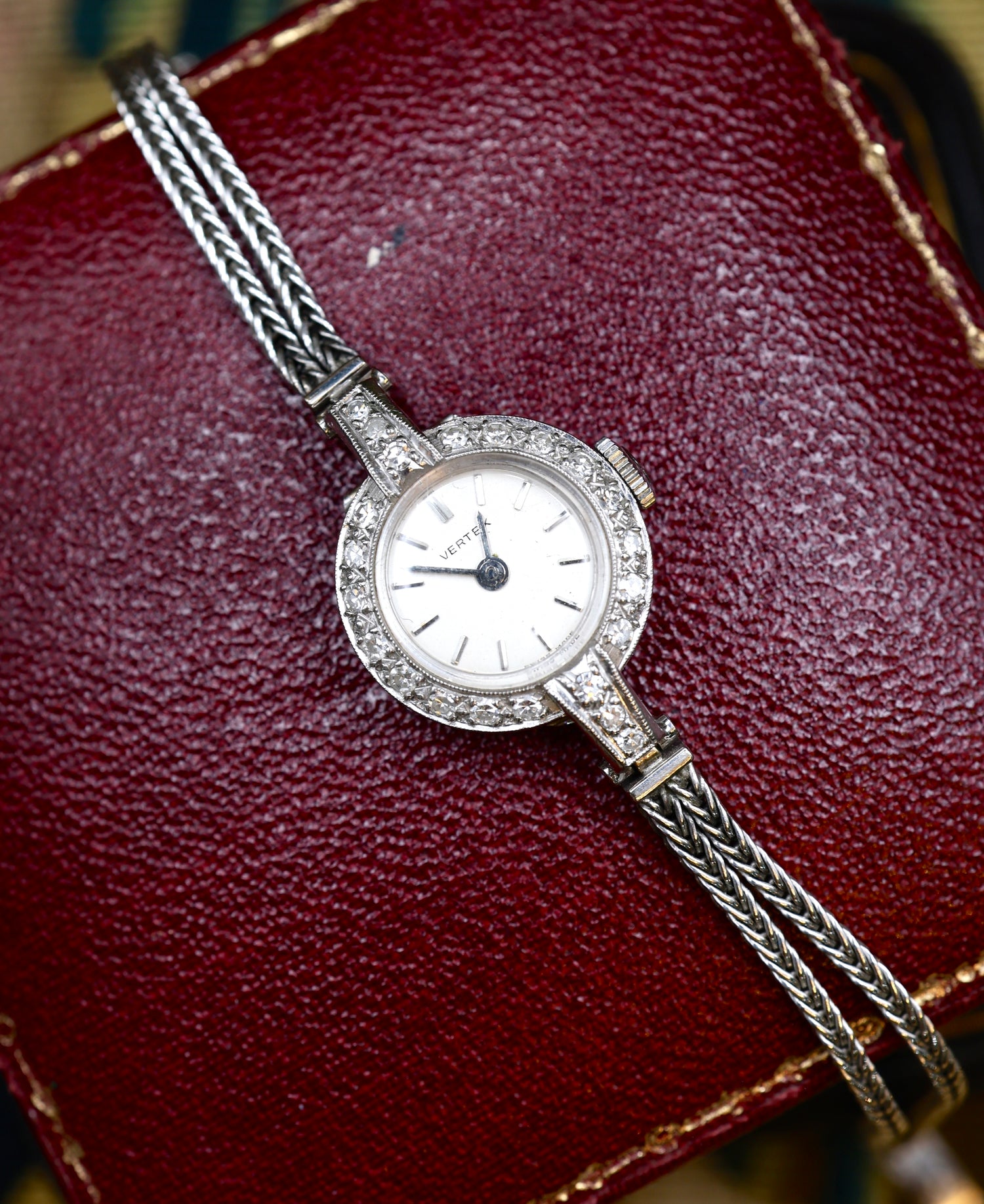 A Vintage 18ct White Gold & Diamond Round Face Vertex Watch with 9ct Strap Circa 1930 - Robin Haydock Antiques