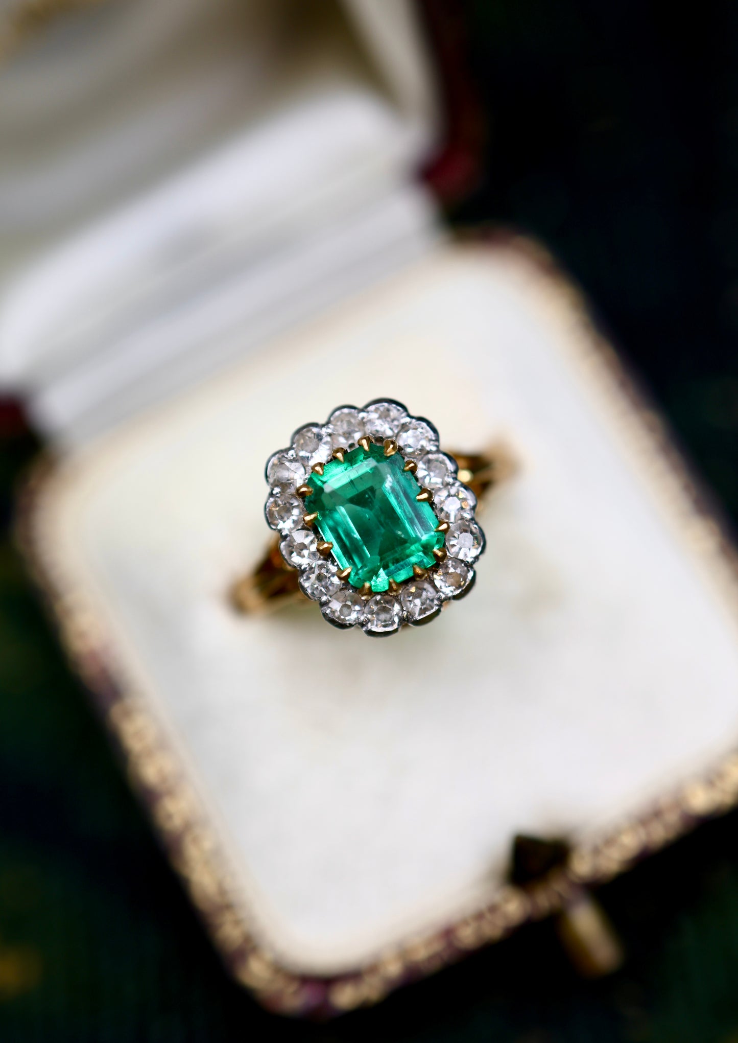 An Exquisite 18 Ct. Yellow and White Gold (tested)  Colombian Emerald & Diamond Cluster Ring - Mid 20th Century - Robin Haydock Antiques