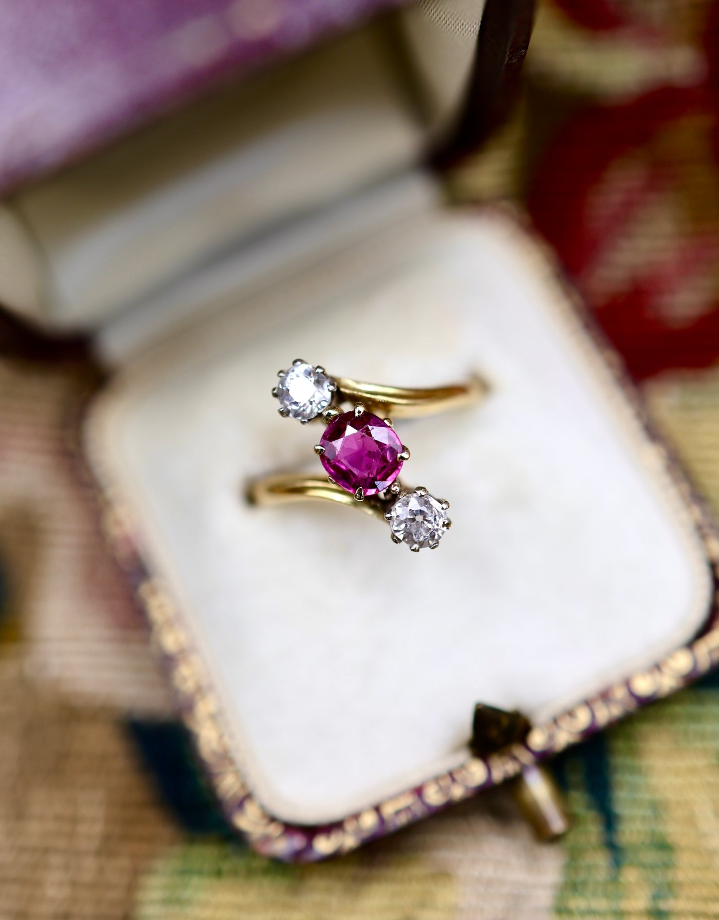 A very fine Natural and Untreated, 1.20 Carat Ruby & Diamond, Three Stone Crossover Ring, in 18 Carat Yellow Gold (stamped). Circa 1930 - Robin Haydock Antiques