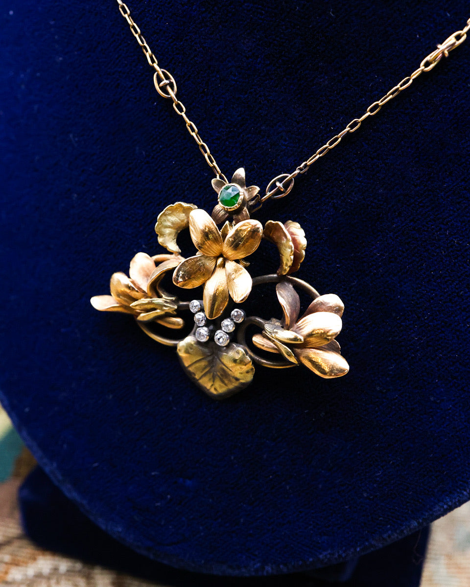 A very fine High Carat Yellow Gold (18 ct. Tested), Art Nouveau Emerald & Diamond Floral Pendant, worn marks. Circa 1900 - Robin Haydock Antiques