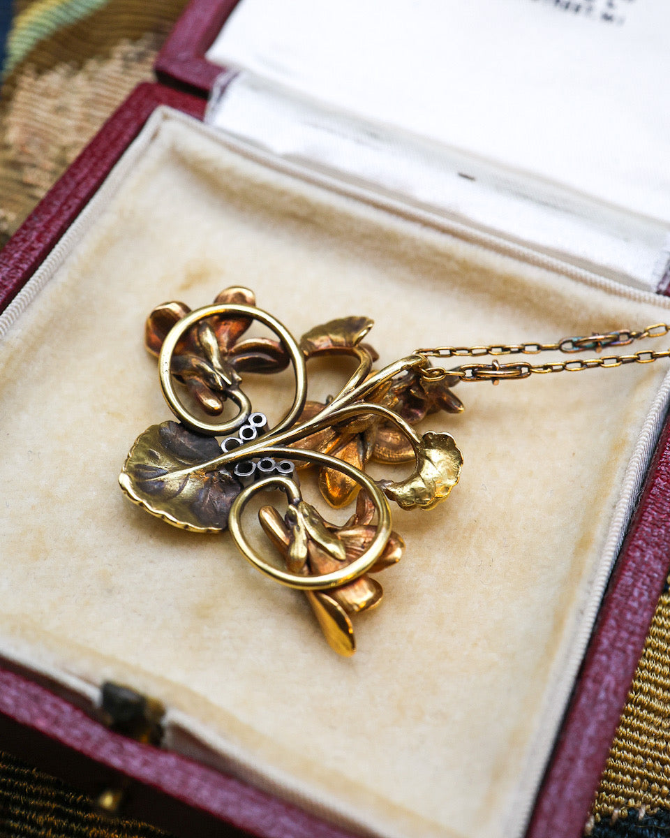 A very fine High Carat Yellow Gold (18 ct. Tested), Art Nouveau Emerald & Diamond Floral Pendant, worn marks. Circa 1900 - Robin Haydock Antiques