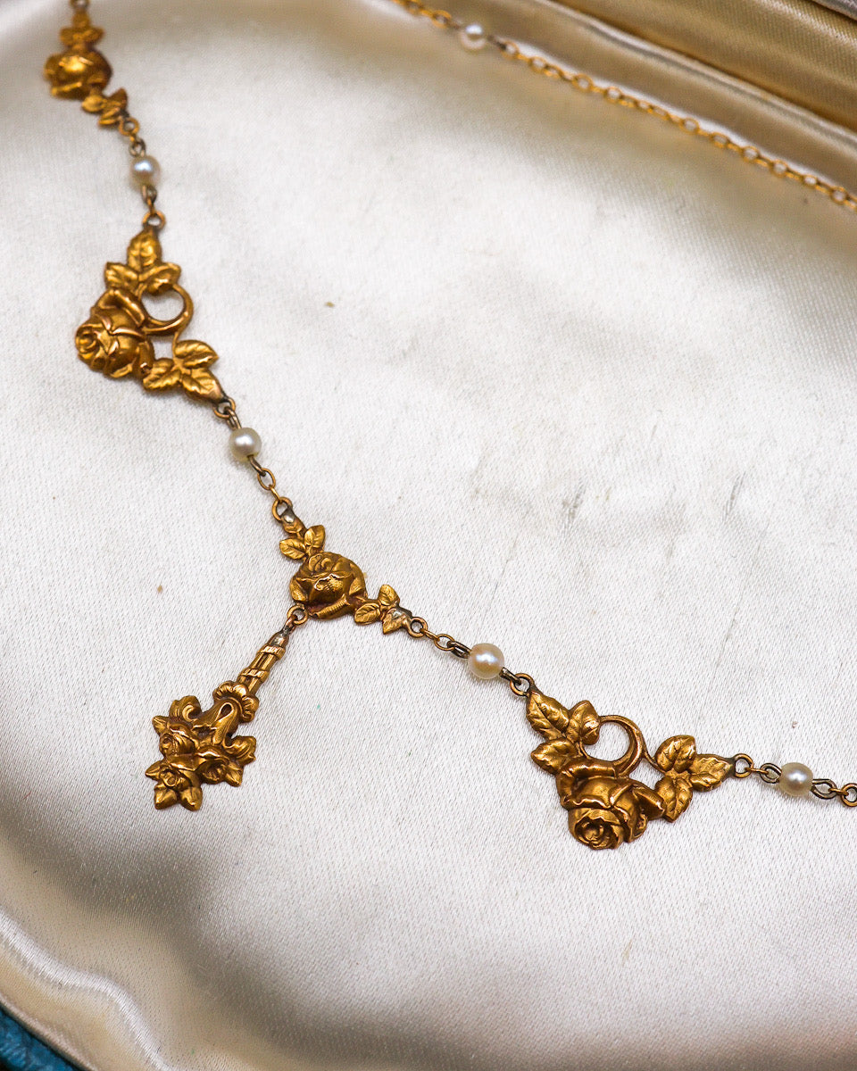Antique 18ct Yellow Gold & Pearl Floral French Necklace Circa 1880 - Robin Haydock Antiques