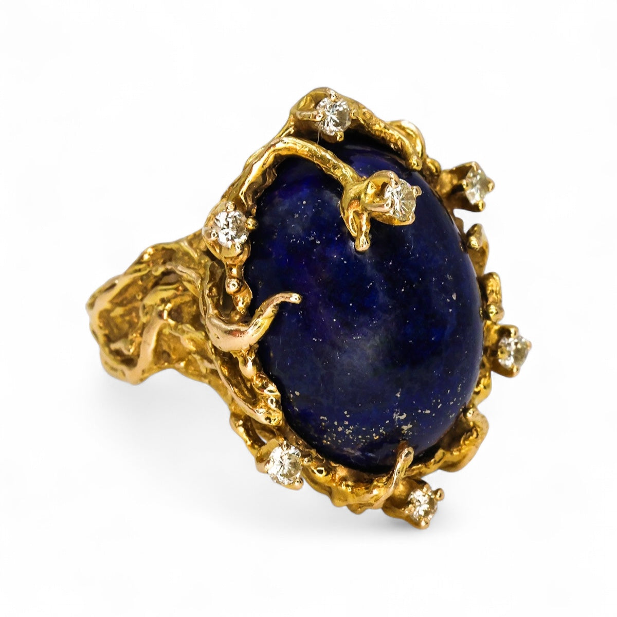 A very fine 14 ct. Yellow Gold Bartholomew Mazza Abstract Lapis Lazuli & Diamond Dress Ring. Italian. Circa 1970. - Robin Haydock Antique Jewellery